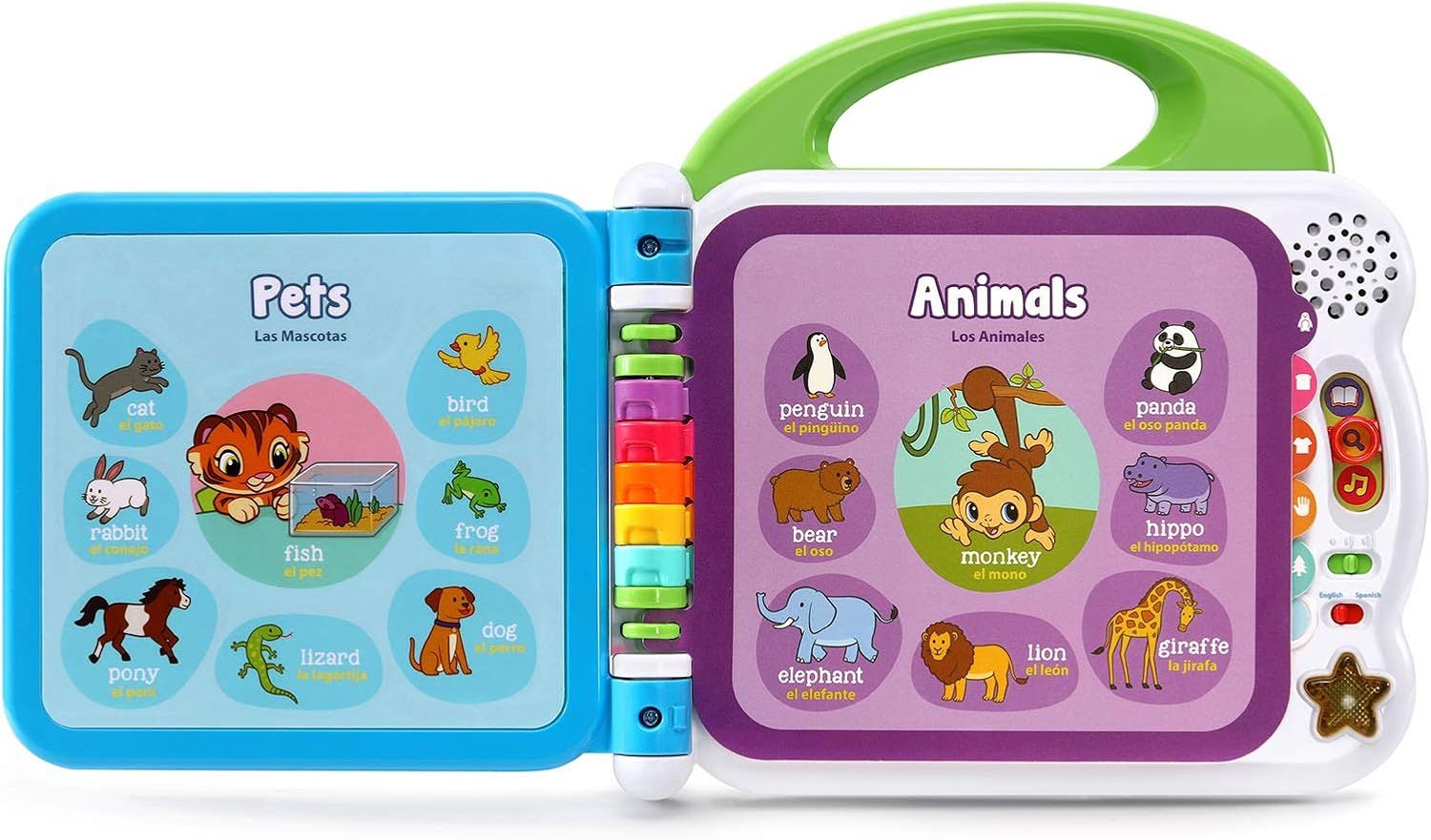 Shows the complete product with both pages visible to demonstrate the bilingual learning content (Pets and Animals) and the interactive sound/music features included with the toy book.