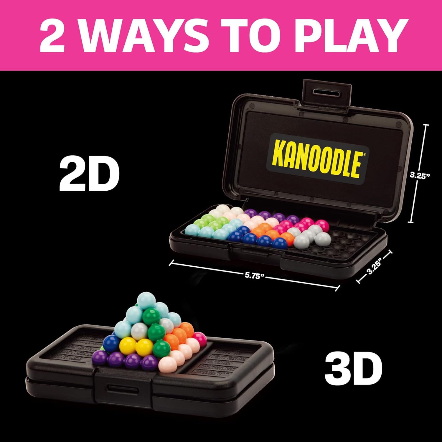 Demonstrates the two different ways the product can be played or configured, showing versatility and multiple play modes to increase perceived value. Provides exact measurements of the product case…