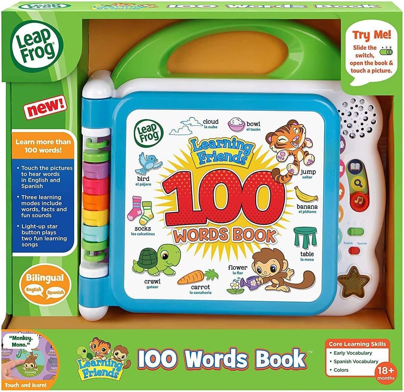 Shows the complete product in its retail packaging, allowing shoppers to see exactly what the LeapFrog 100 Words Book looks like, its interactive features, and what they will receive when purchasing.
