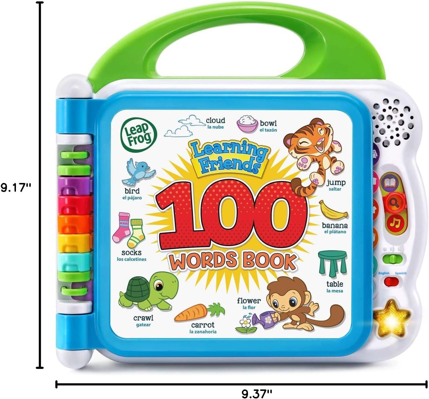 Shows the exact physical dimensions of the toy book (9.17 inches by 9.37 inches) to help shoppers understand the size and portability of the product.