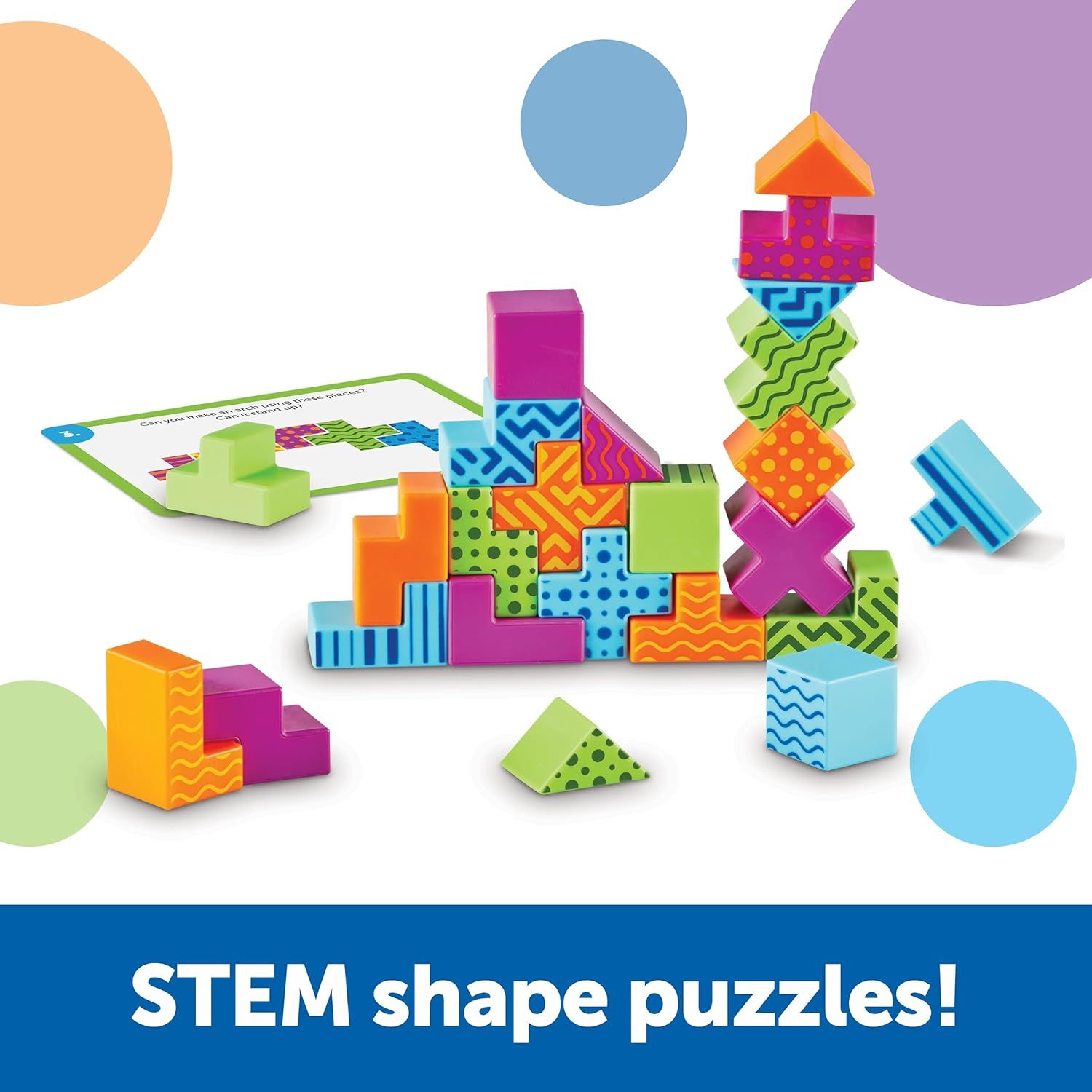 Highlights the product as STEM shape puzzles to communicate educational value and creative building play for children.