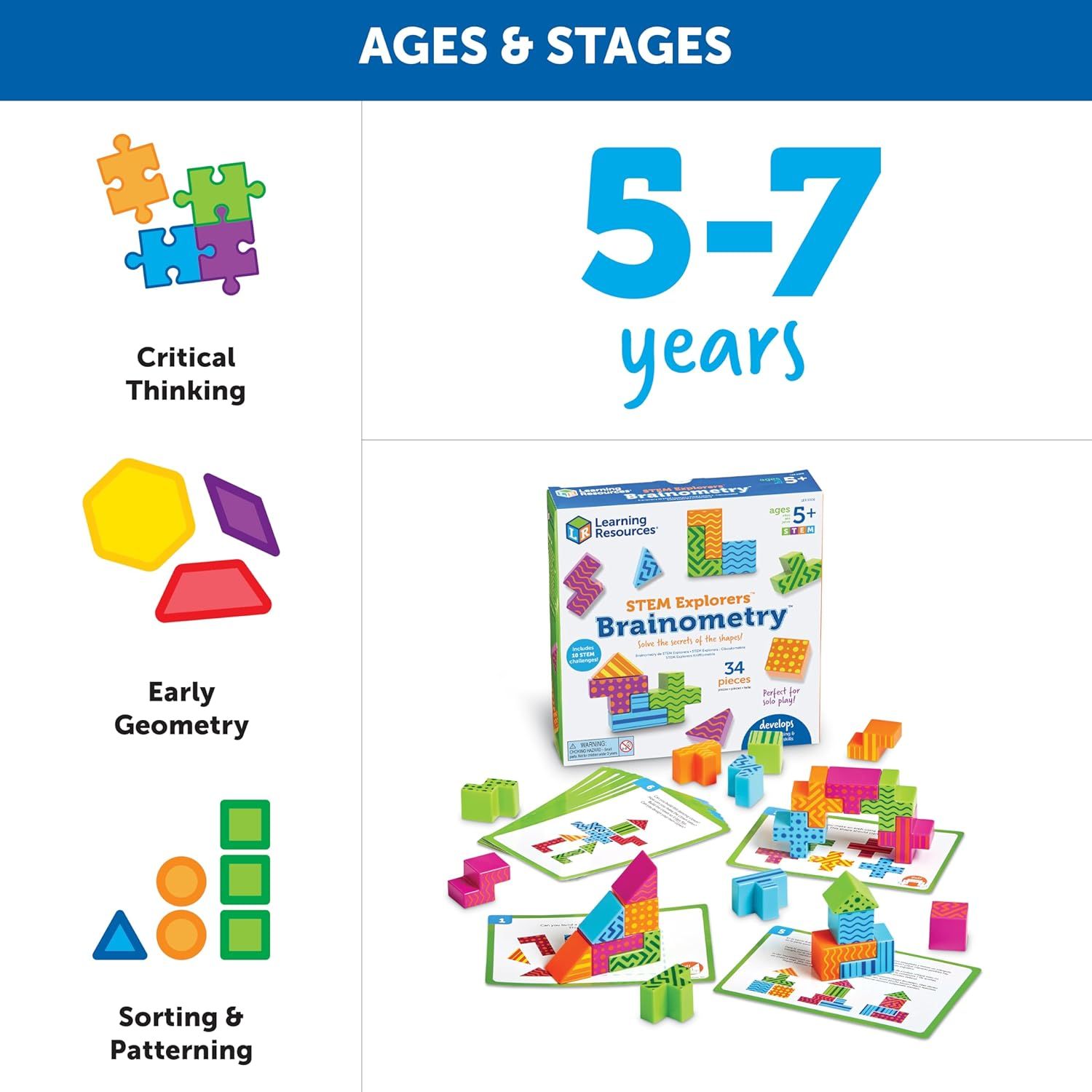 Communicates that the product is designed for children ages 5-7 and develops critical thinking, early geometry, and sorting/patterning skills, reassuring parents that it's age-appropriate and…