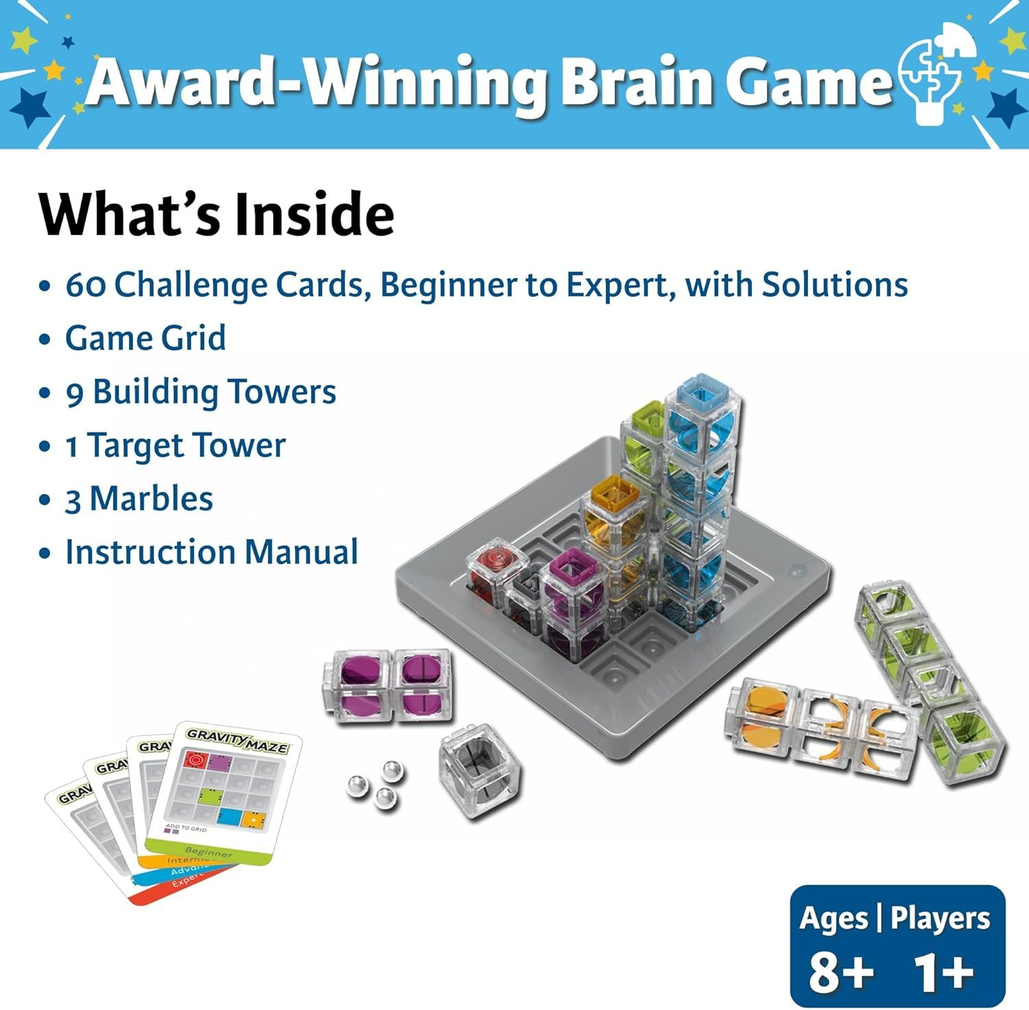 Shows all components included in the brain game package to help shoppers understand the complete value and contents they will receive.