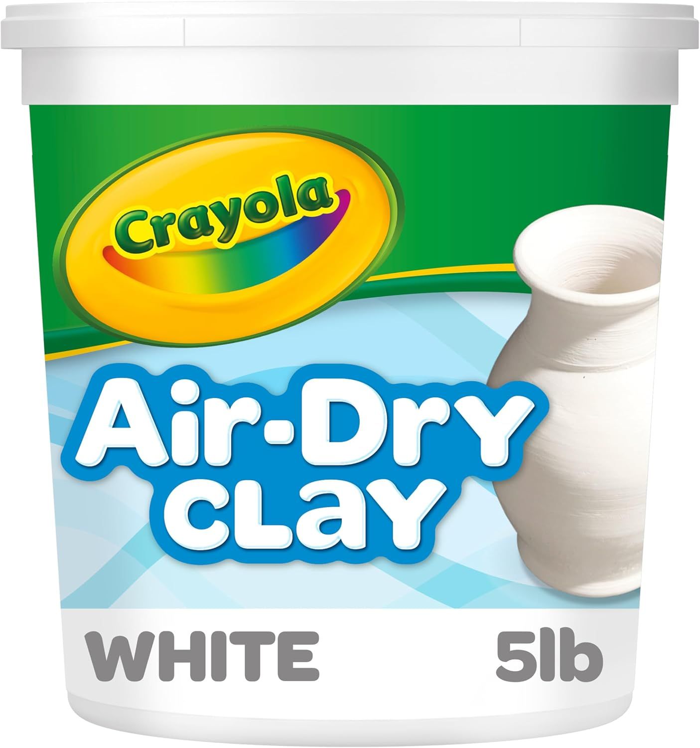 Displays the product packaging clearly on a white background to show shoppers exactly what they will receive, including the Crayola branding, product type (Air-Dry Clay), color (White), and quantity…