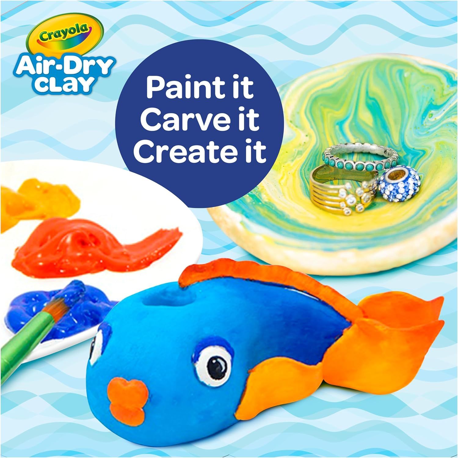 Demonstrates the versatility of the air-dry clay by showing multiple creative applications—painting, carving, and creating various crafts like jewelry and decorative items—to inspire shoppers with…