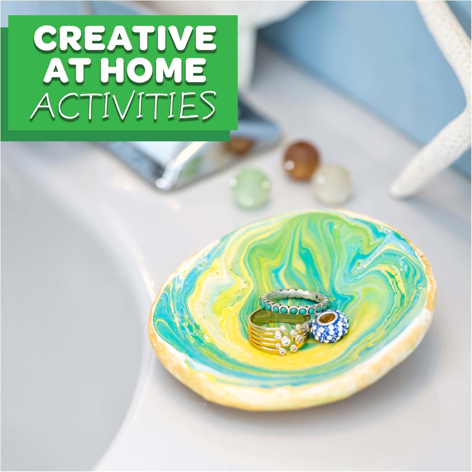 Demonstrates a creative use case for the product, showing it can be used for at-home craft activities to make decorative jewelry dishes.