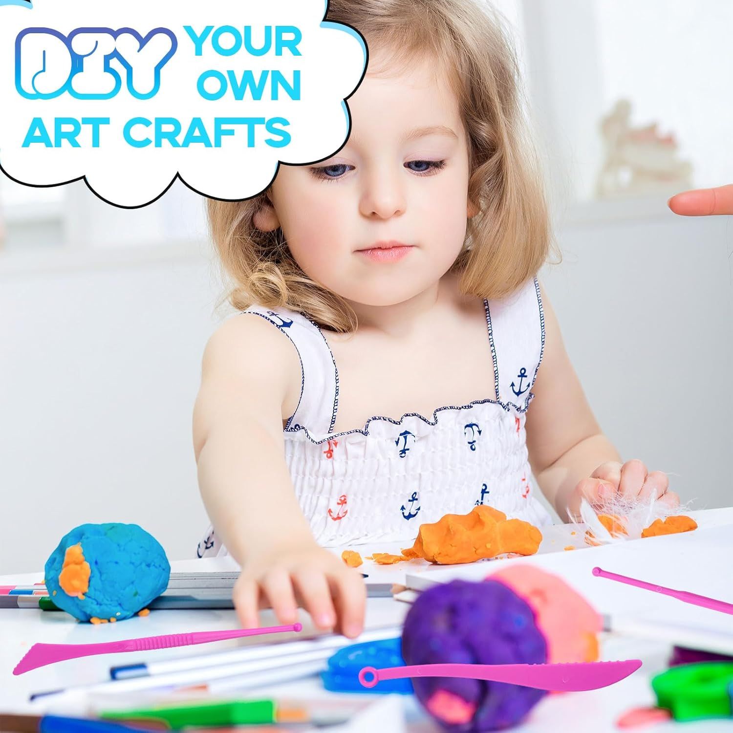 Demonstrates the product's use for creative arts and crafts activities, showing children can engage in hands-on DIY projects. Highlights the product's ability to enable creative, hands-on play and…
