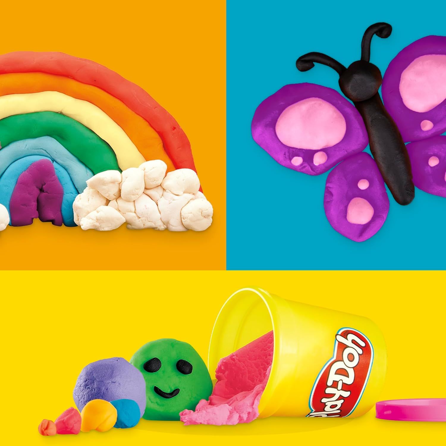 Demonstrates the versatility of the Play-Doh product by showing multiple creative possibilities and projects that can be made, inspiring shoppers with different crafting ideas.