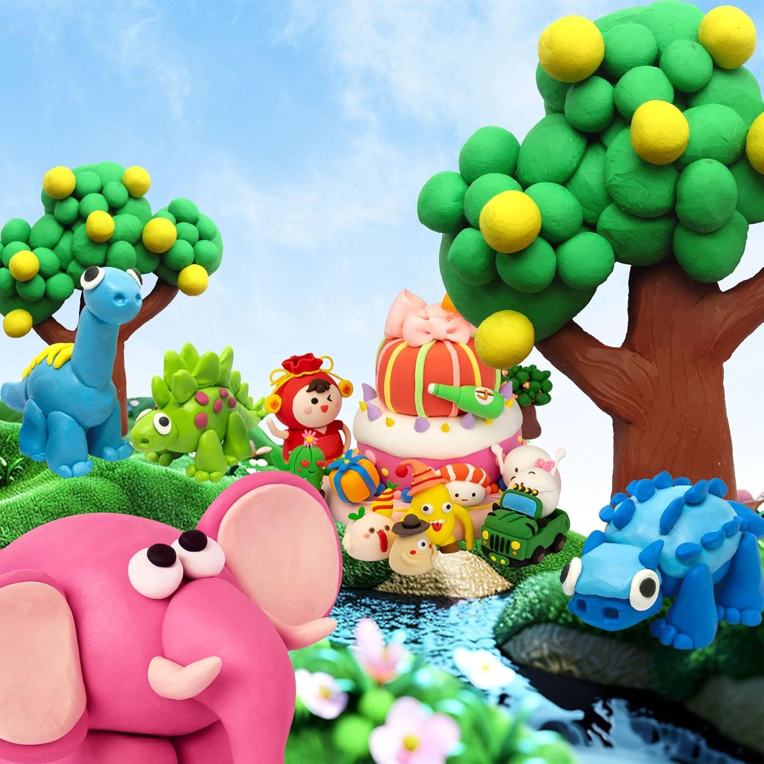 Shows all the components included in this clay/modeling set, demonstrating the variety of characters, animals, trees, and accessories customers will receive to create imaginative play scenes.