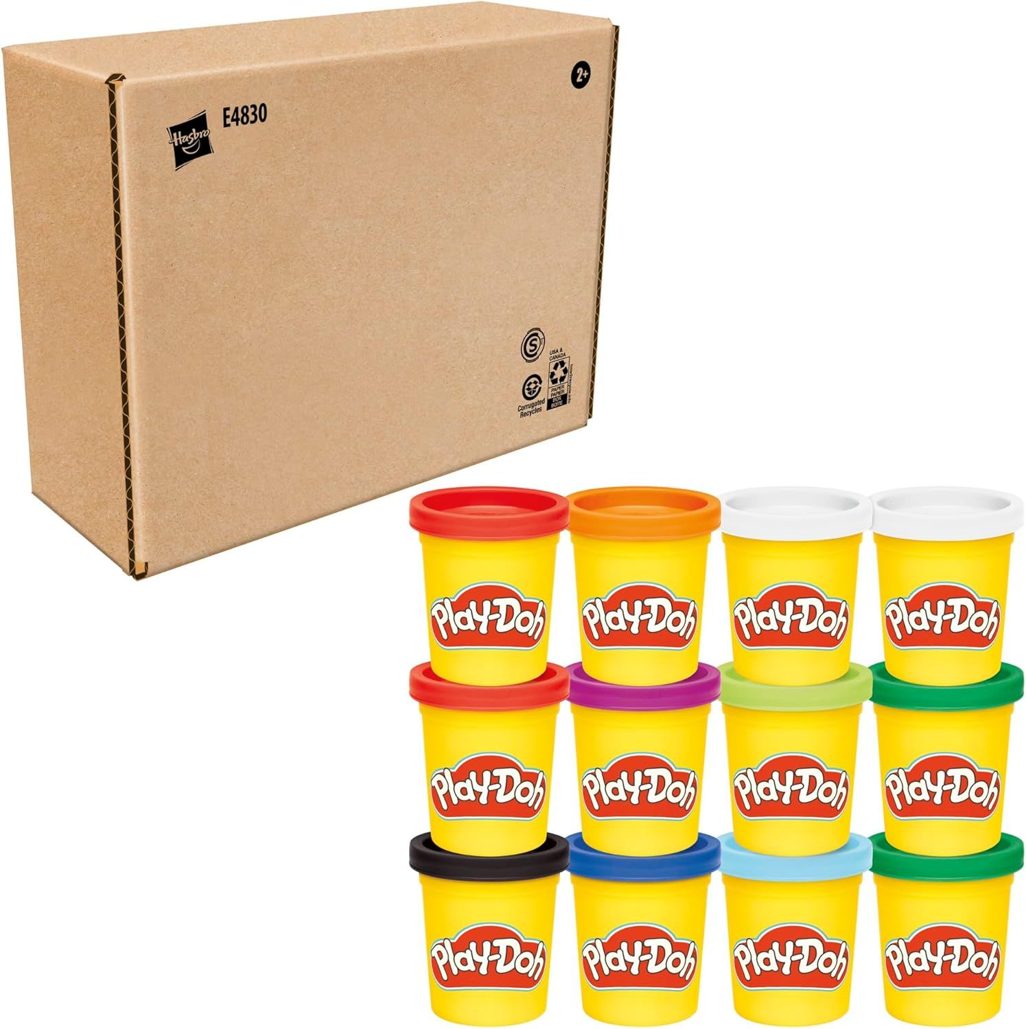 Shows the customer exactly what they will receive in the package: a Hasbro-branded box containing 12 colorful Play-Doh cans with various colored lids, helping shoppers understand the full value and…