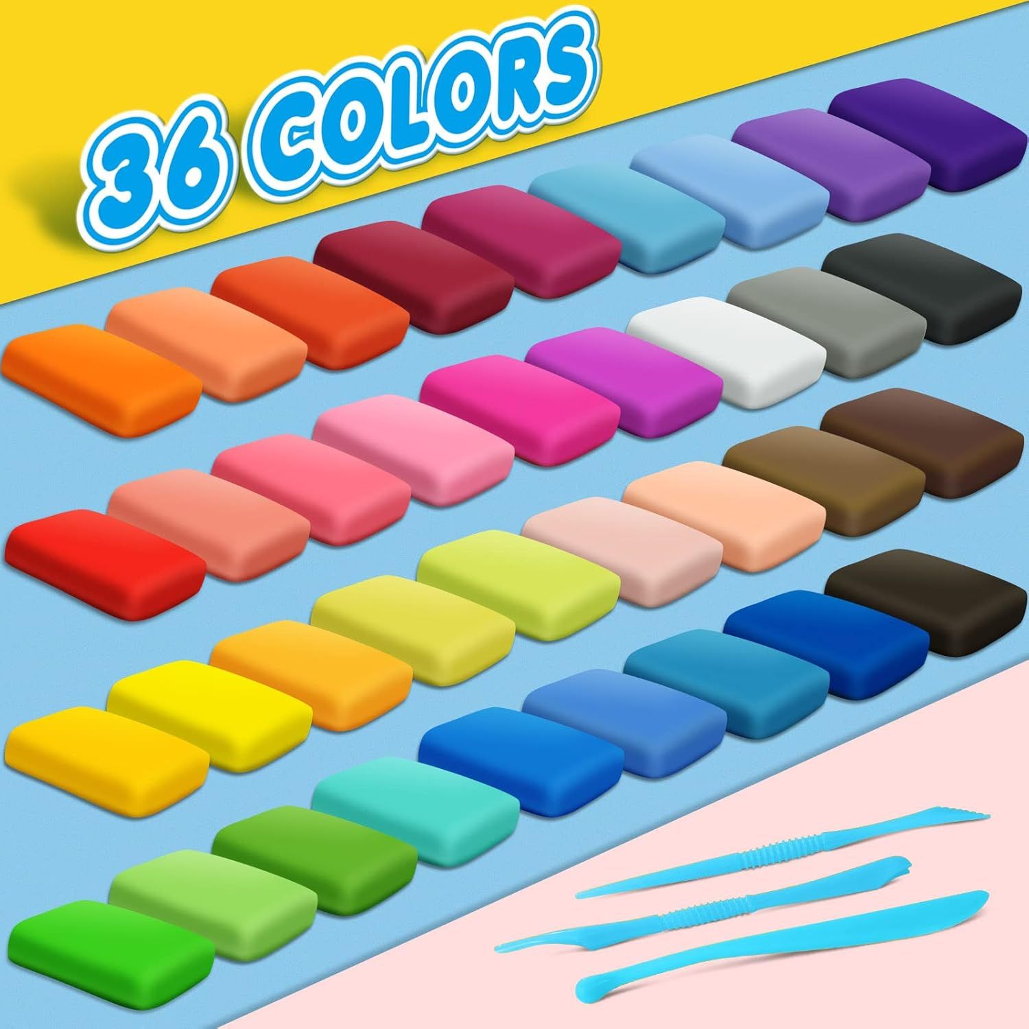 Shows the complete set of 36 different colored clay/modeling compound pieces and sculpting tools included in the package, helping shoppers understand the variety and completeness of the kit.