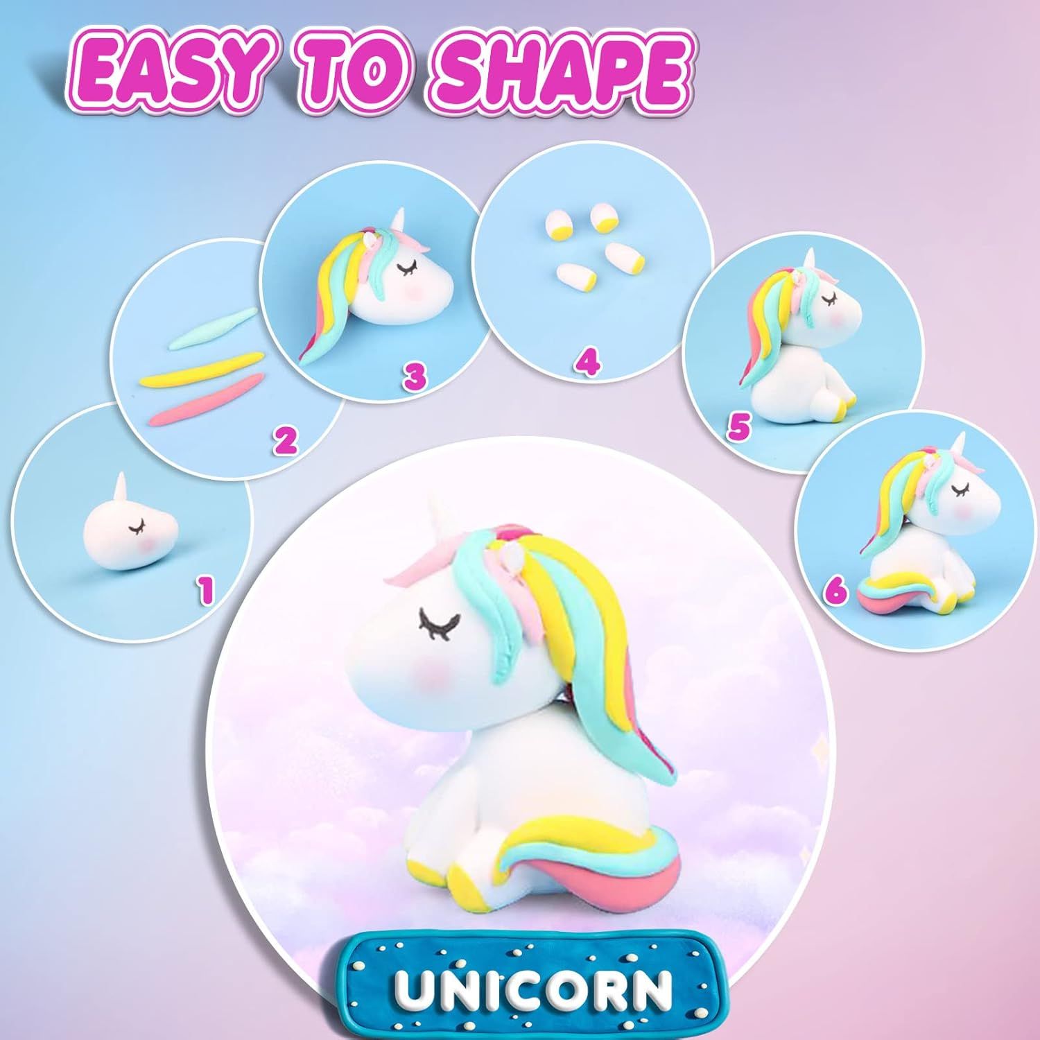 Demonstrates how to assemble the unicorn toy in 6 simple steps, reassuring shoppers that the product is easy to put together and child-friendly. Highlights the ease of assembly as a key benefit,…