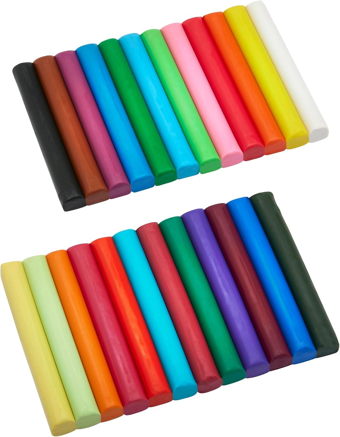 Shows the complete set of colors included in the product, demonstrating the variety and quantity of clay or modeling material the customer receives.