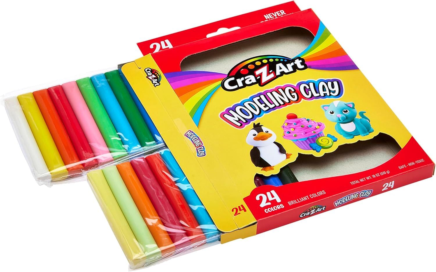 Shows the customer exactly what they receive in the package: 24 individual clay sticks in brilliant colors, demonstrating the variety and quantity included in the set.