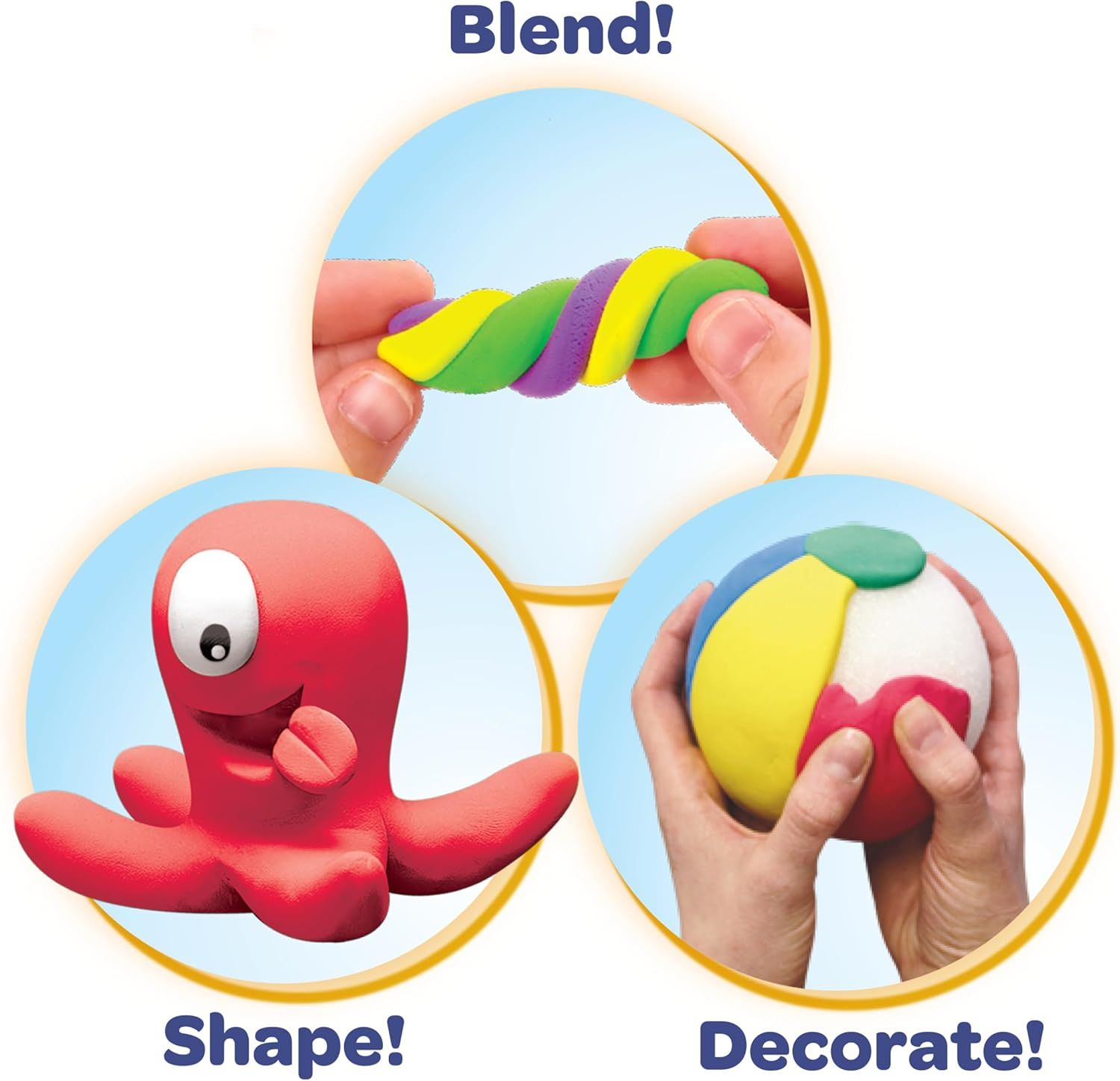 Demonstrates the three-step process for using the product: blending colors together, shaping into forms, and decorating creations, showing shoppers how versatile and easy the product is to use.