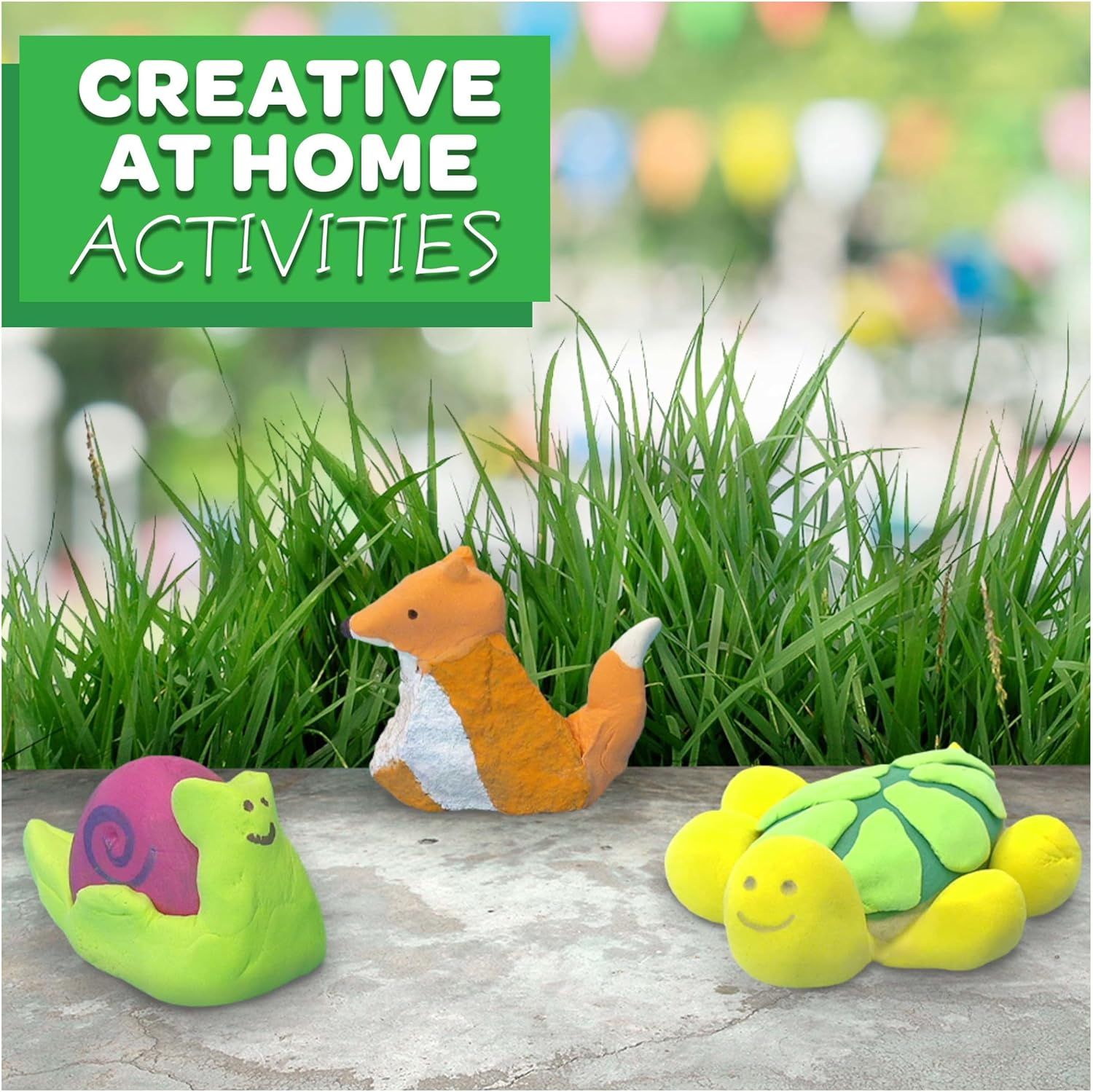Demonstrates the product's use for creative at-home activities, showing finished craft projects (painted animal figures) to inspire parents and children about the creative possibilities.