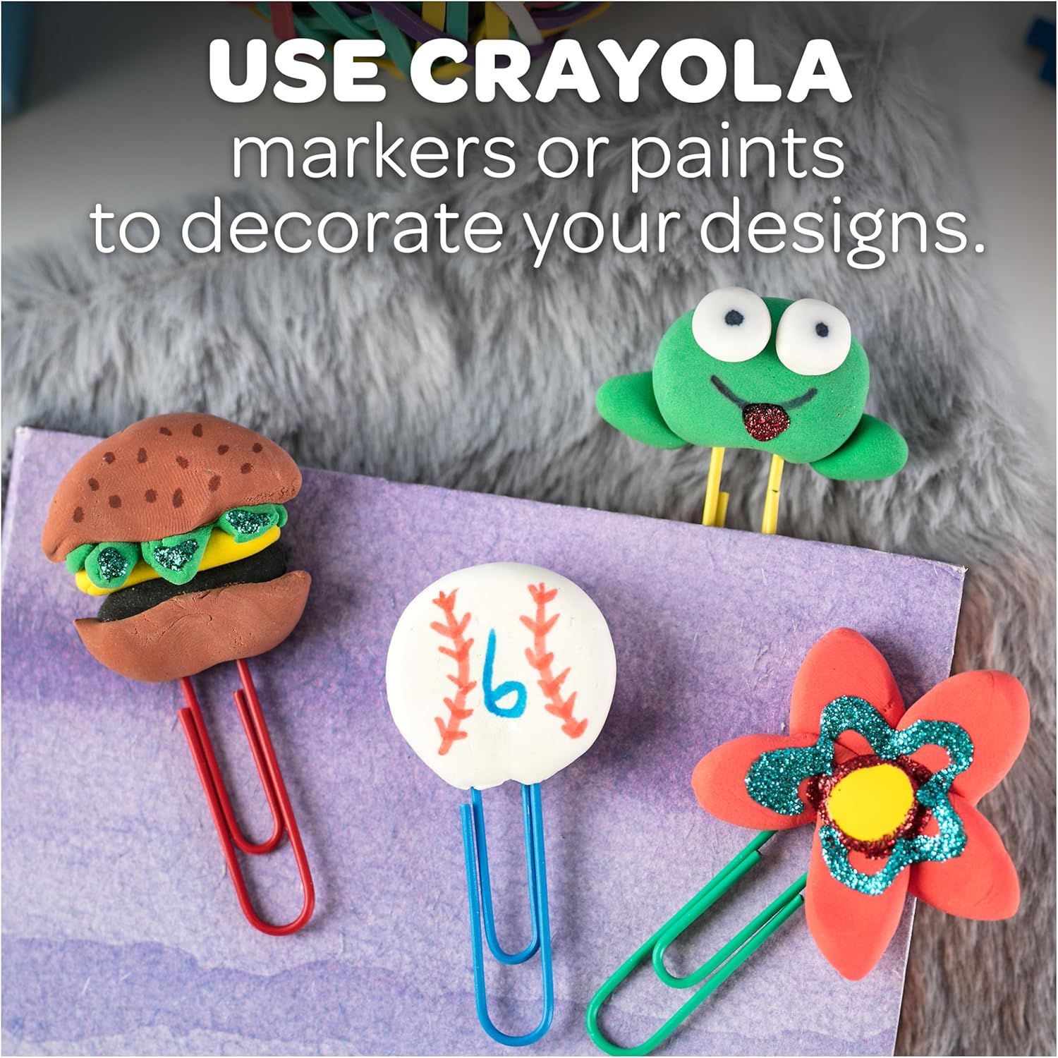 Demonstrates how to use Crayola markers or paints to decorate and personalize the product designs, encouraging creative customization. Highlights the product's customizable nature and creative play…