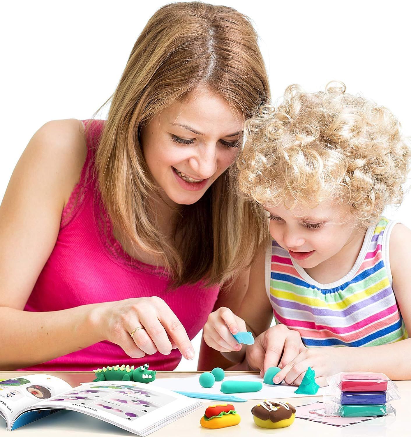 Shows the product being used in a real-world family setting to demonstrate its appeal for parent-child bonding and creative play activities.