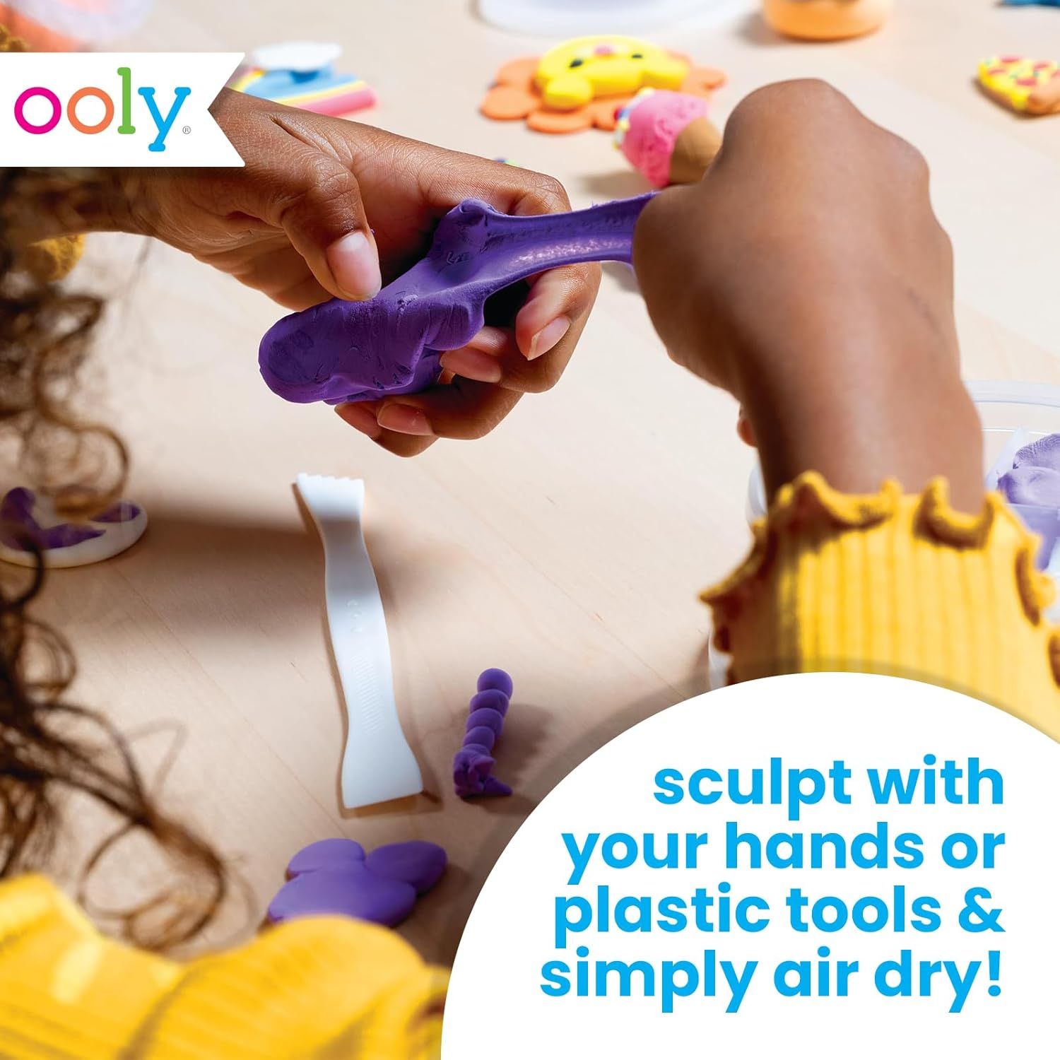 Demonstrates how to use the product by showing hands sculpting and molding the clay, reassuring shoppers that it's easy to manipulate and shape with hands or tools. Highlights the product's air-dry…