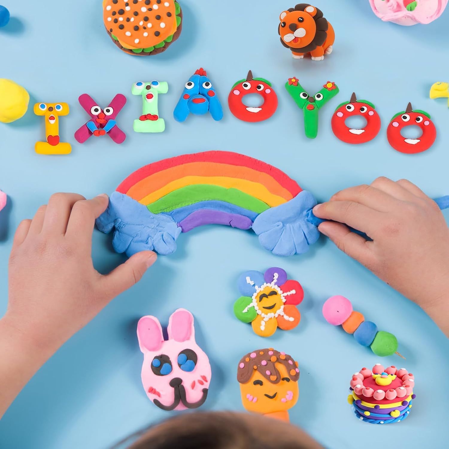 Shows real user engagement with the product in a home setting, demonstrating that children can create colorful, fun clay figures and designs, building trust through authentic customer use.