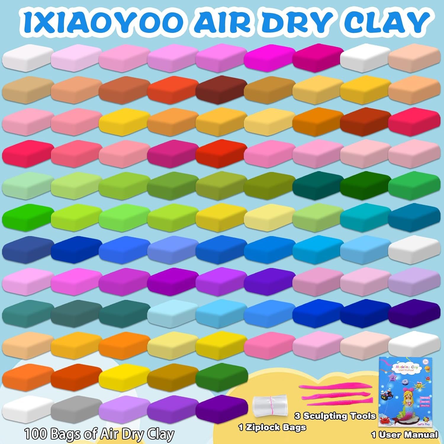 Shows the complete contents of the kit, including 100 bags of air dry clay in various colors, sculpting tools, storage bag, and manual, to help shoppers understand the full value and variety they…