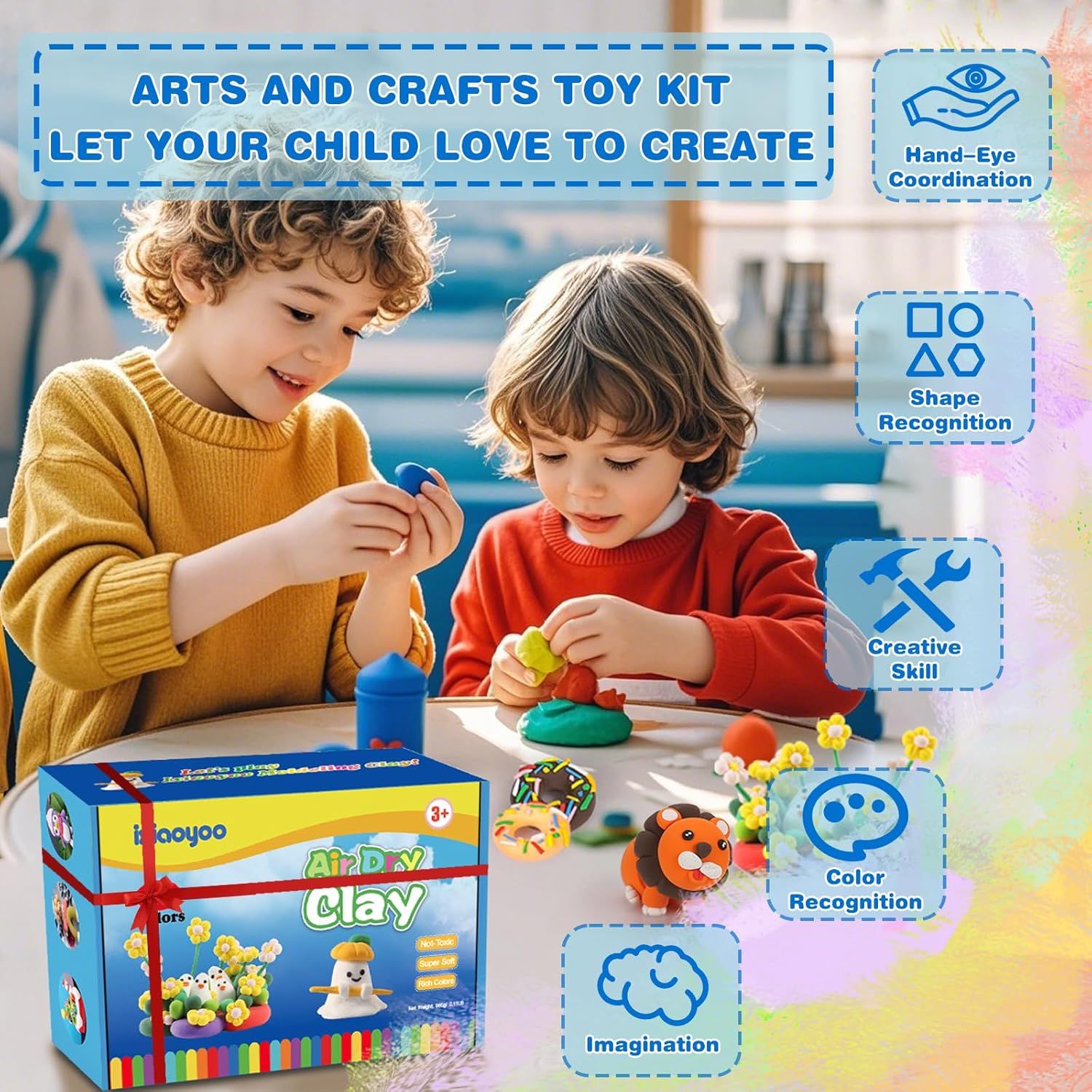 Communicates the multiple developmental benefits of the arts and crafts toy kit, reassuring parents that the product supports various learning skills including coordination, creativity, and…