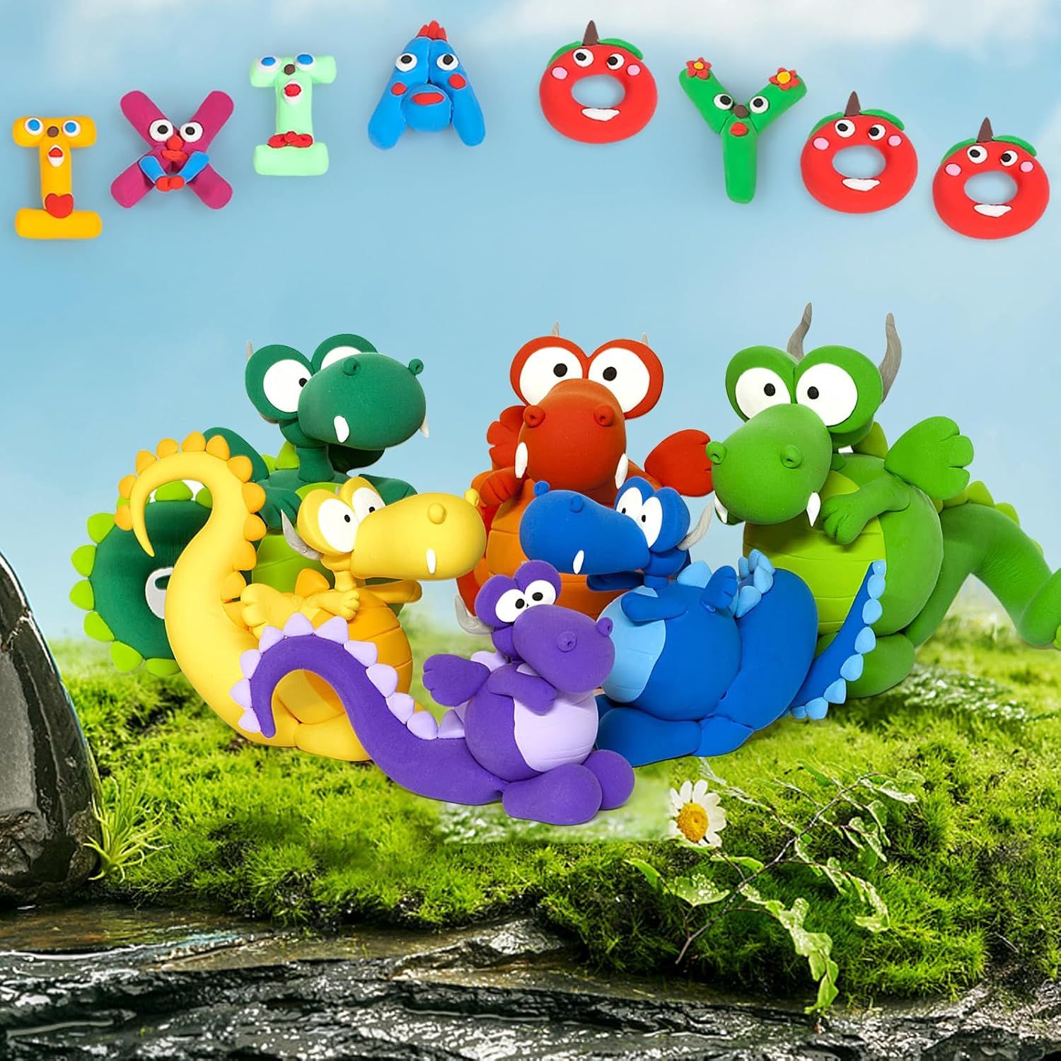 Demonstrates the product's versatility for creative play and learning by showing multiple colorful clay/modeling characters that can be created, appealing to parents looking for educational and…