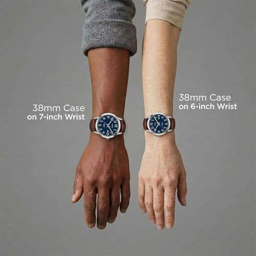 Demonstrates how the 38mm watch case fits on different wrist sizes (6-inch and 7-inch) to help shoppers visualize the product's proportions and choose the right size for their wrist.