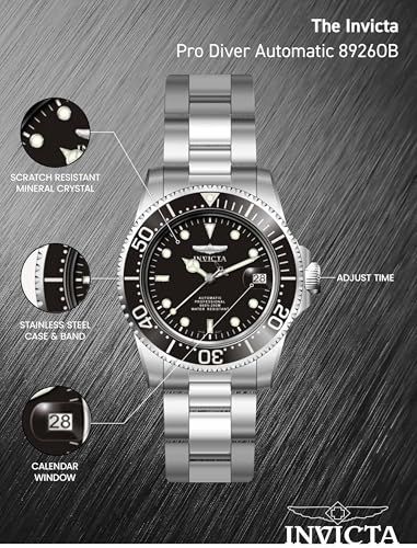 This image breaks down the physical components and features of the watch, using callout lines to identify specific parts like the crystal, case material, calendar window, and time adjustment…