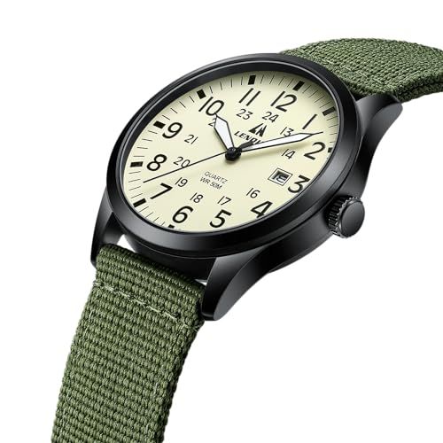 Displays the watch clearly on a white background to show the product design, dial details, and green canvas strap without distractions.
