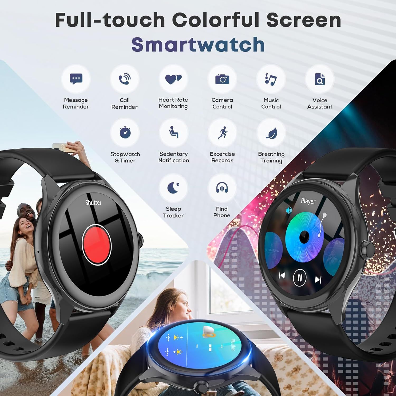Showcases the smartwatch's comprehensive feature set across multiple categories (communication, health, entertainment, utilities) to demonstrate its versatility and value as an all-in-one wearable…