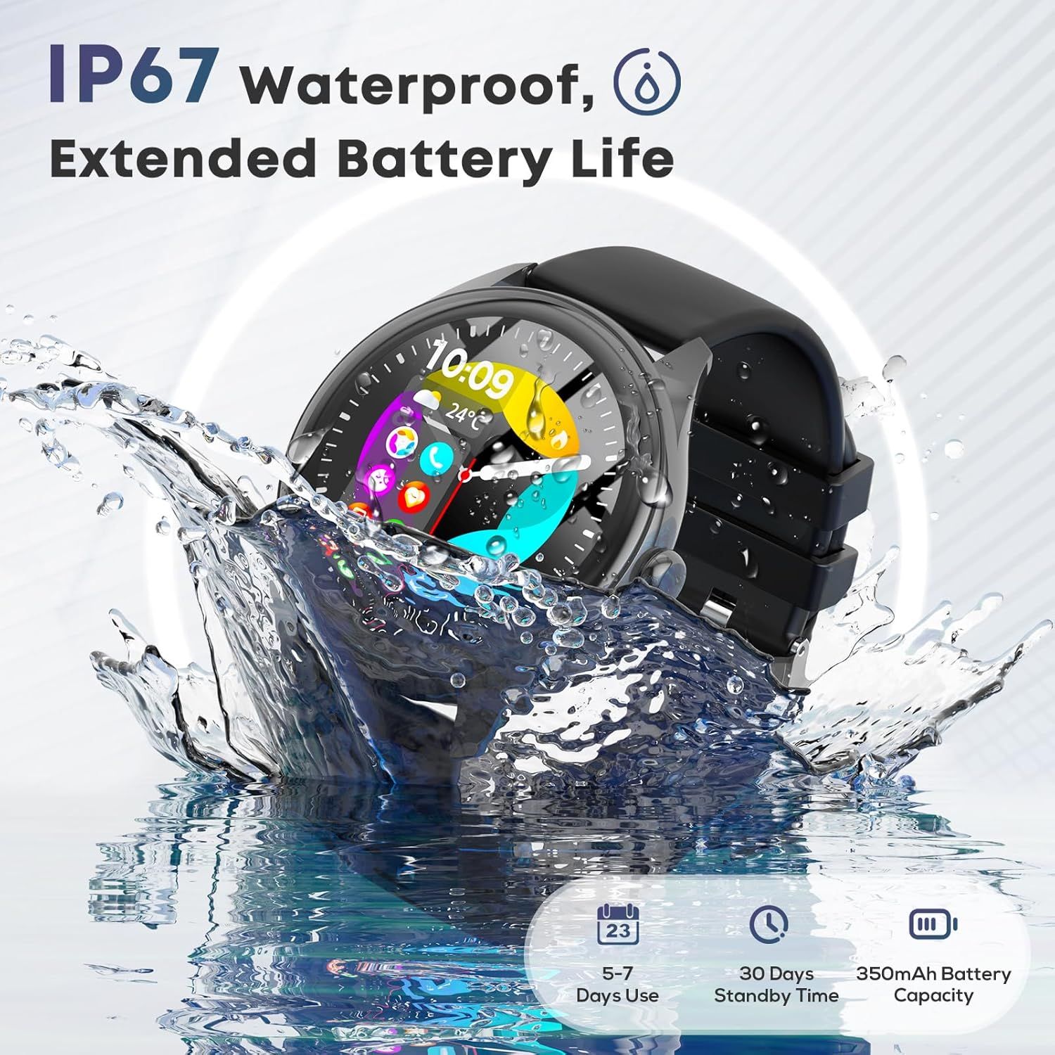 Communicates multiple key benefits of the smartwatch including waterproof protection, long battery life, and usage duration to reassure shoppers of the product's durability and convenience.
