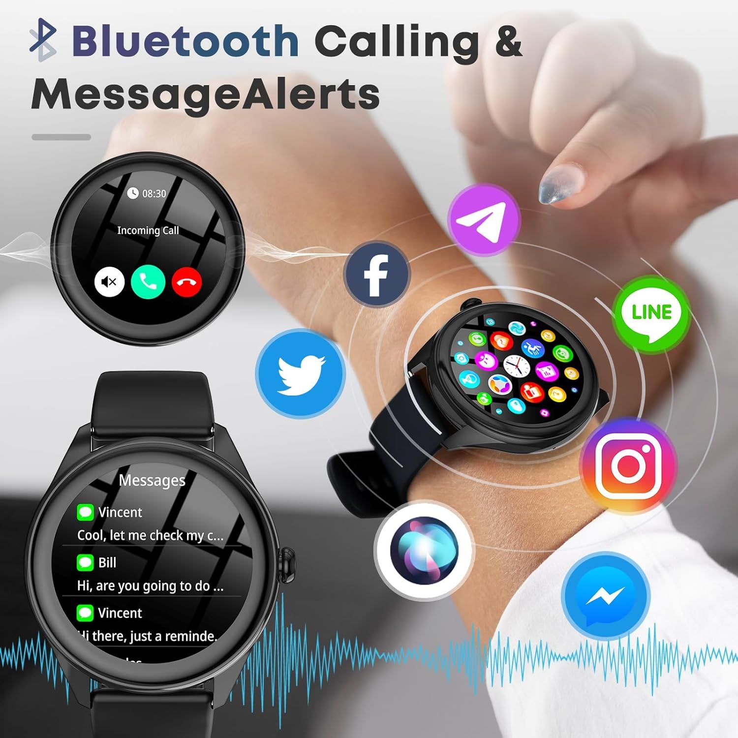 Demonstrates the smartwatch's connectivity features, showing shoppers they can receive calls, messages, and social media notifications directly on their wrist.
