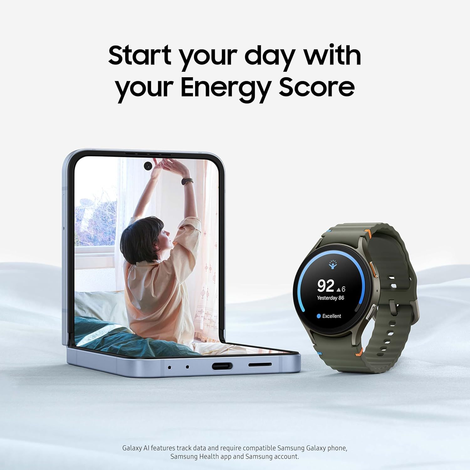 Communicates the product's ability to track and display a daily Energy Score metric, positioning the smartwatch as a wellness companion that helps users start their day with personalized health…