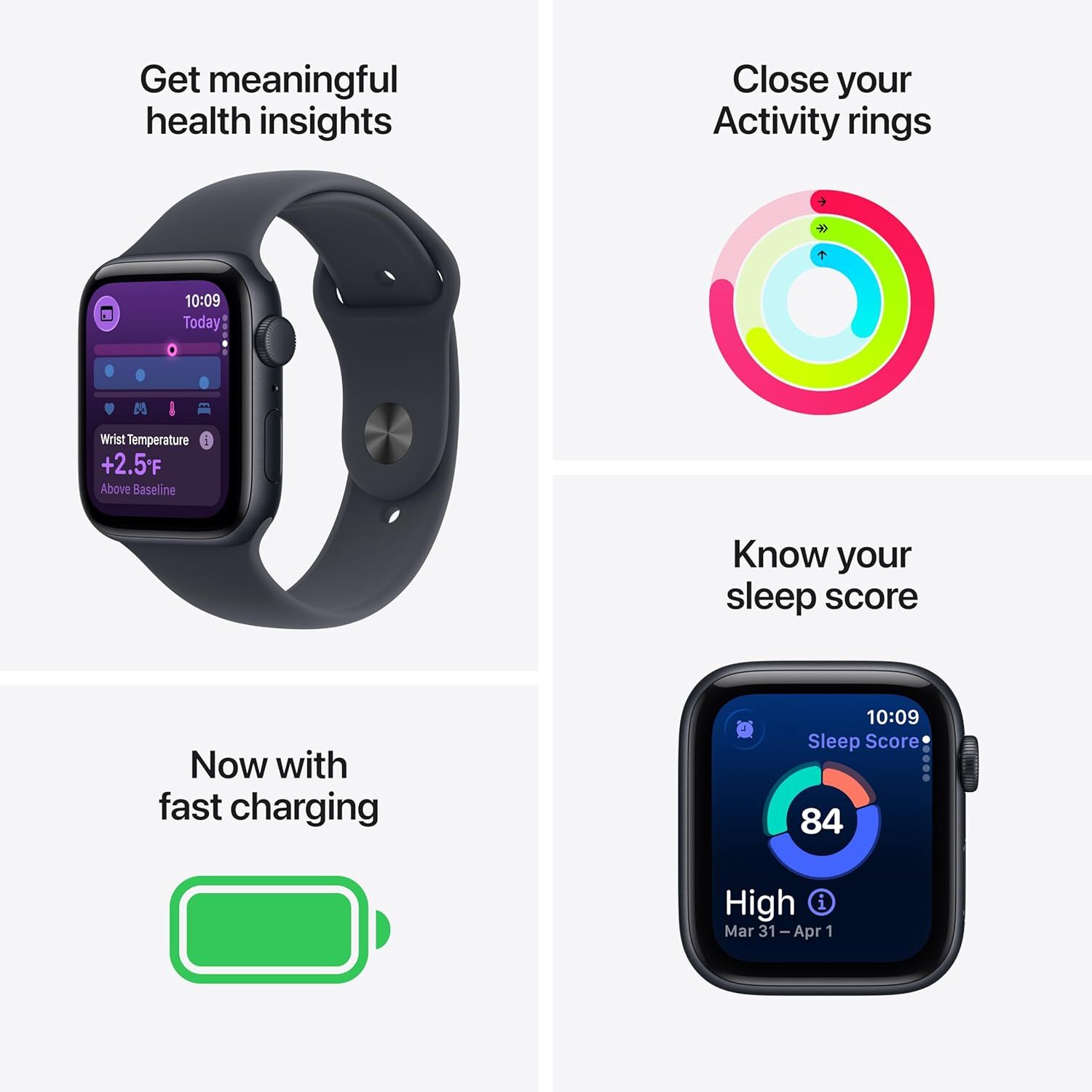 Showcases multiple key features of the smartwatch including health tracking capabilities, activity ring monitoring, sleep score analysis, and fast charging to demonstrate the product's comprehensive…
