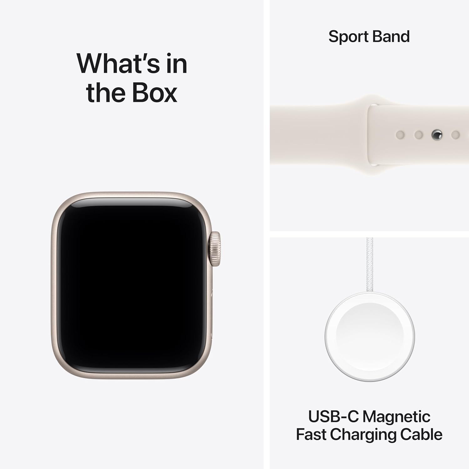 Shows the customer everything included in the box: the smartwatch, a sport band, and a USB-C magnetic fast charging cable, helping set clear expectations for what they will receive.
