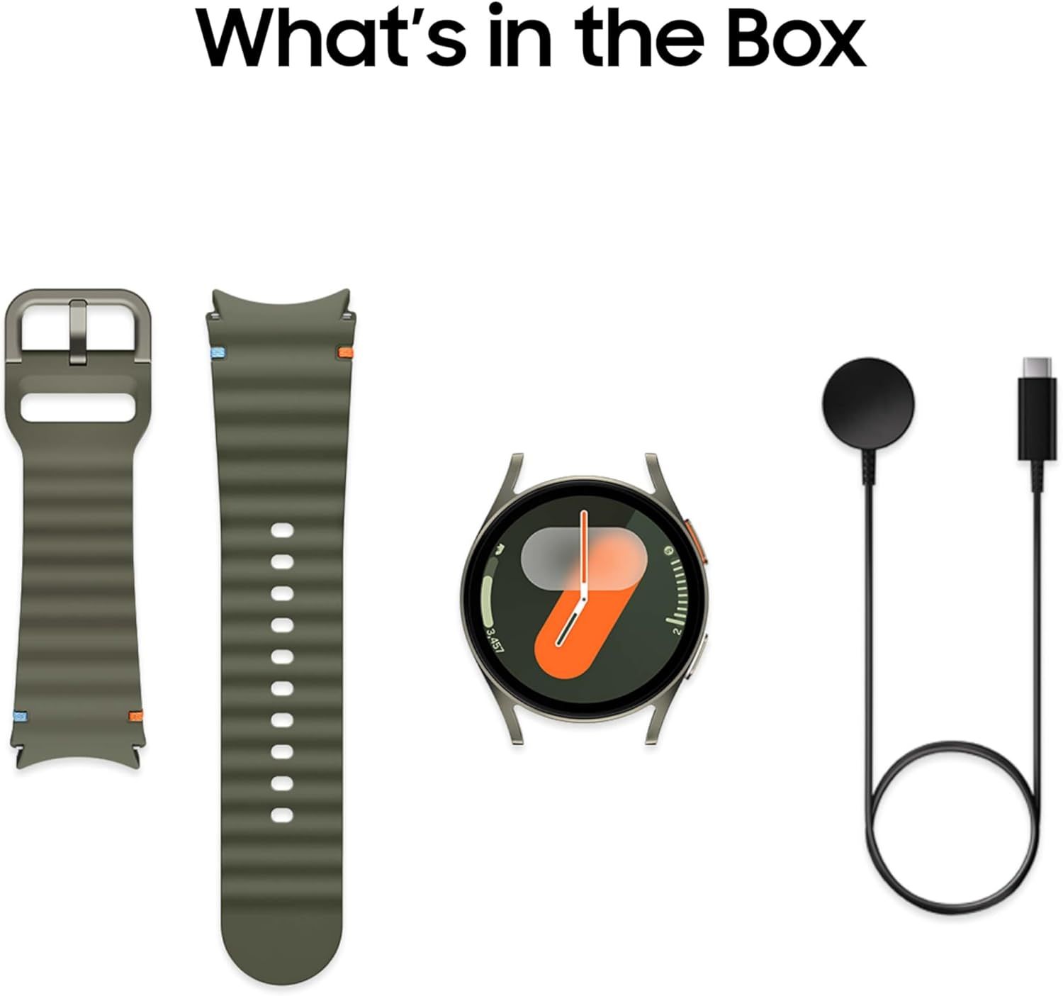 Shows the customer everything included in the purchase: the smartwatch, replacement watch band, and charging cable, providing clarity on what they will receive.