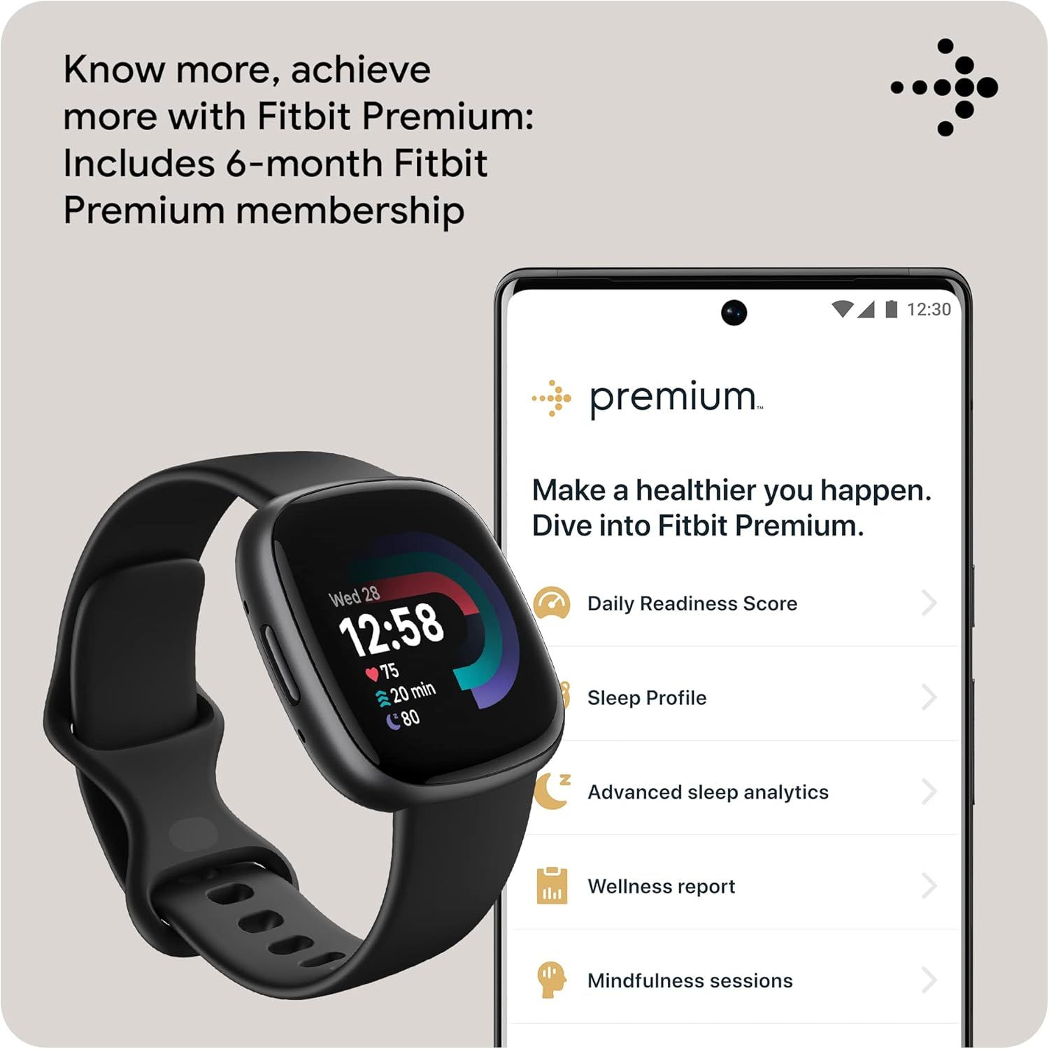Communicates that the product includes a 6-month Fitbit Premium membership with access to advanced health and wellness features, adding value to the purchase.