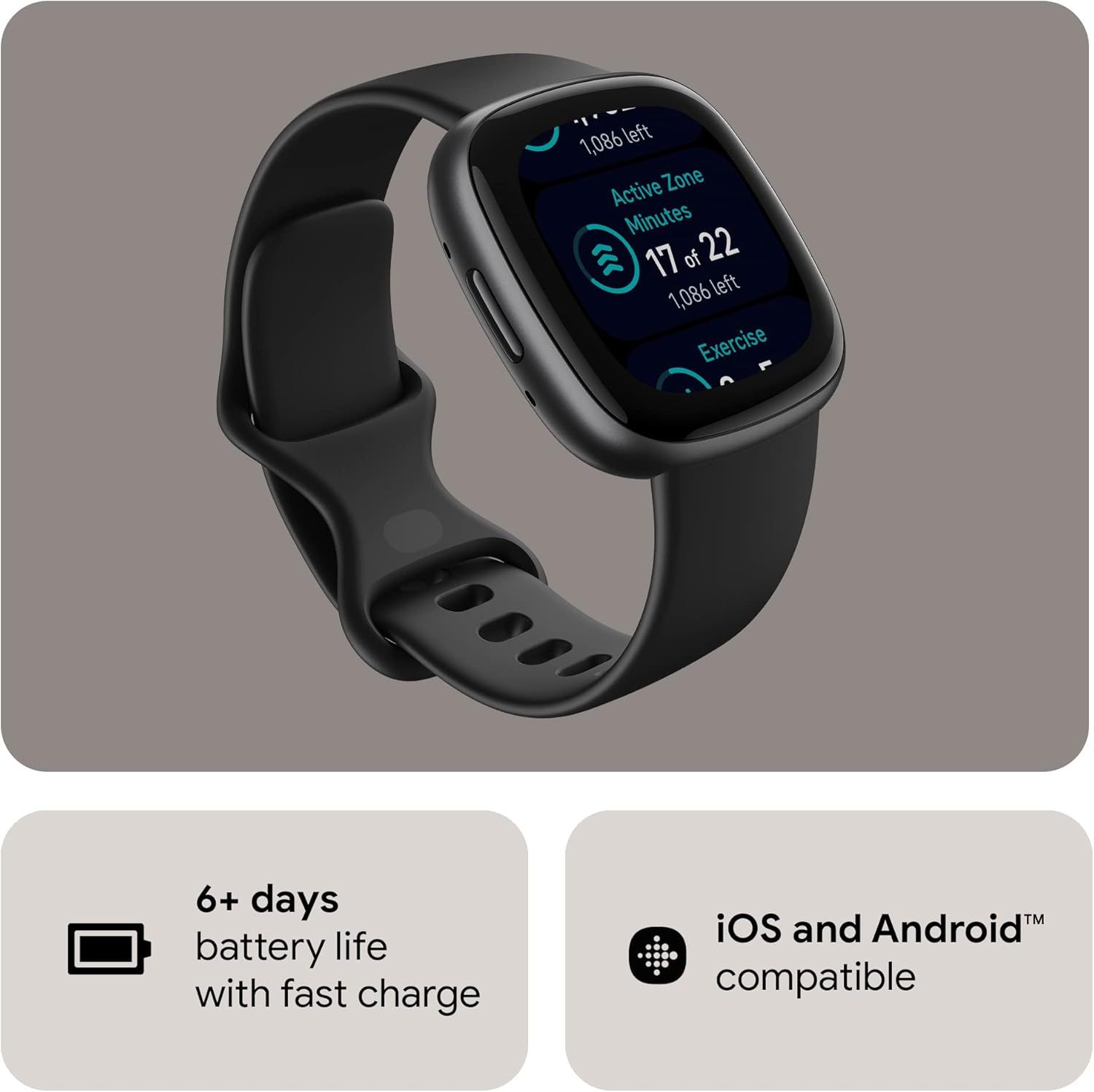 Communicates two key product benefits in a segmented layout: long battery life with fast charging capability and cross-platform compatibility to reassure shoppers about convenience and versatility.
