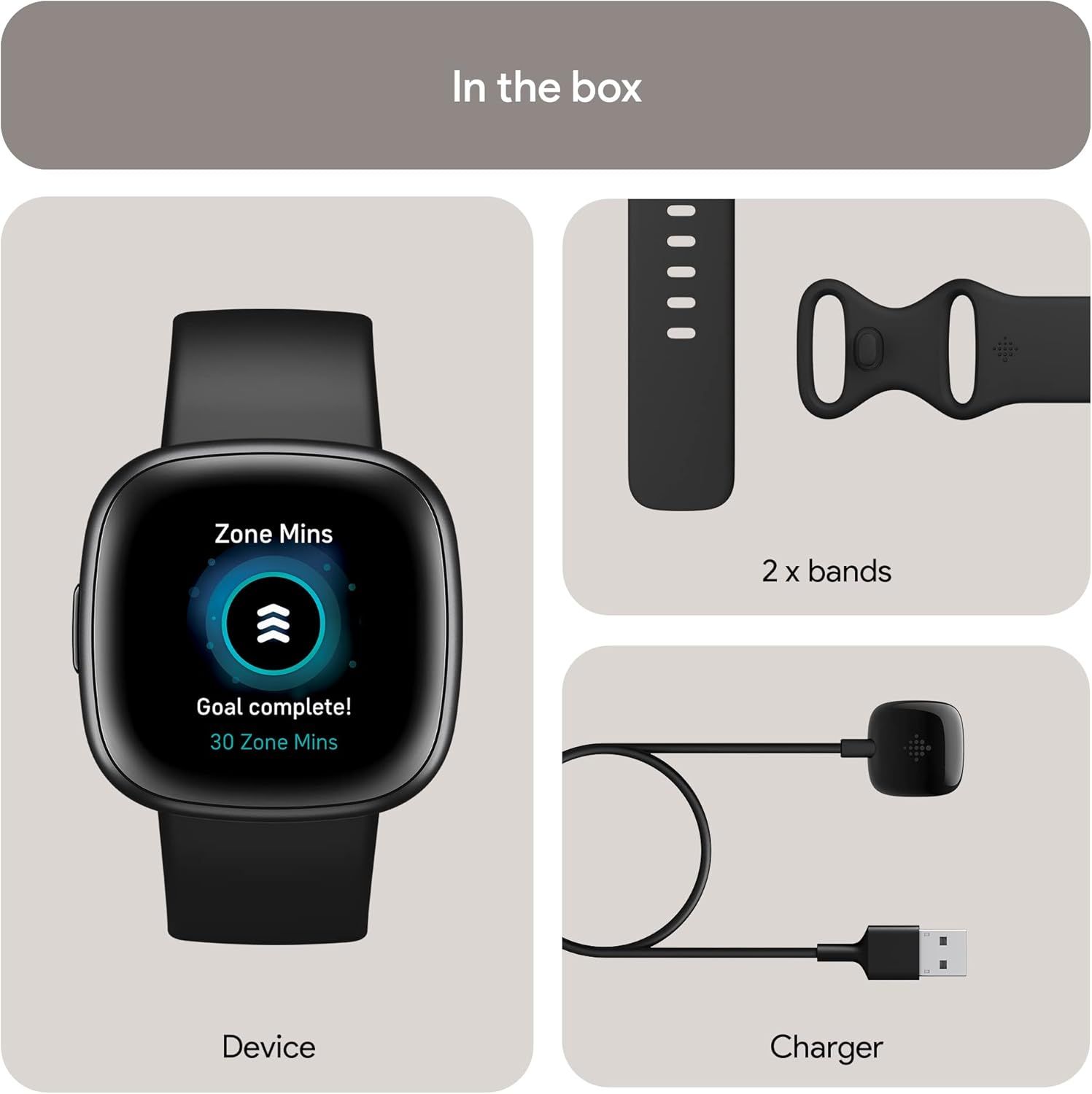Shows the customer everything included in the purchase: the smartwatch device, two replacement bands, and a charging cable, providing clarity on what they will receive.