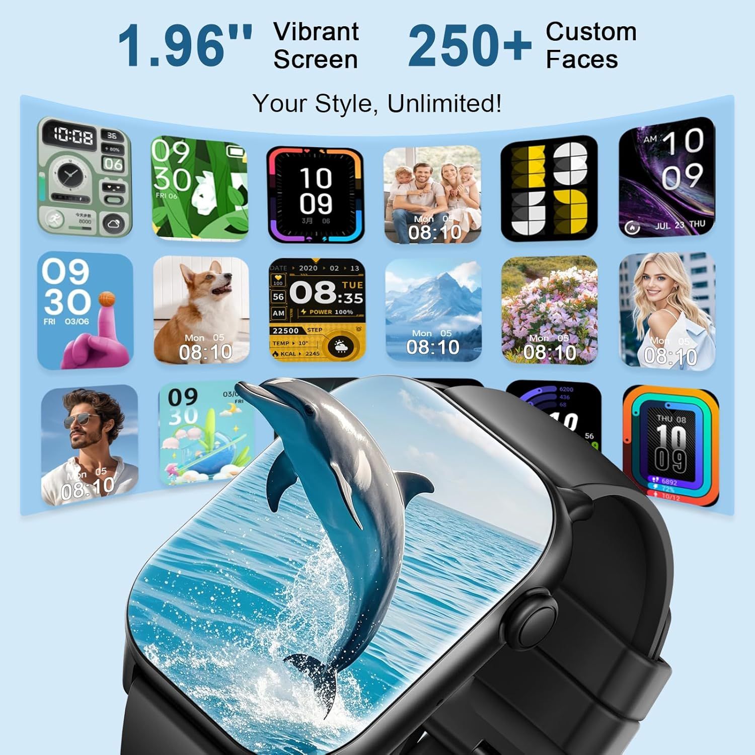 Highlights the smartwatch's large 1.96-inch vibrant screen and extensive customization options (250+ faces) to communicate display quality and personalization capability. Emphasizes the product's…