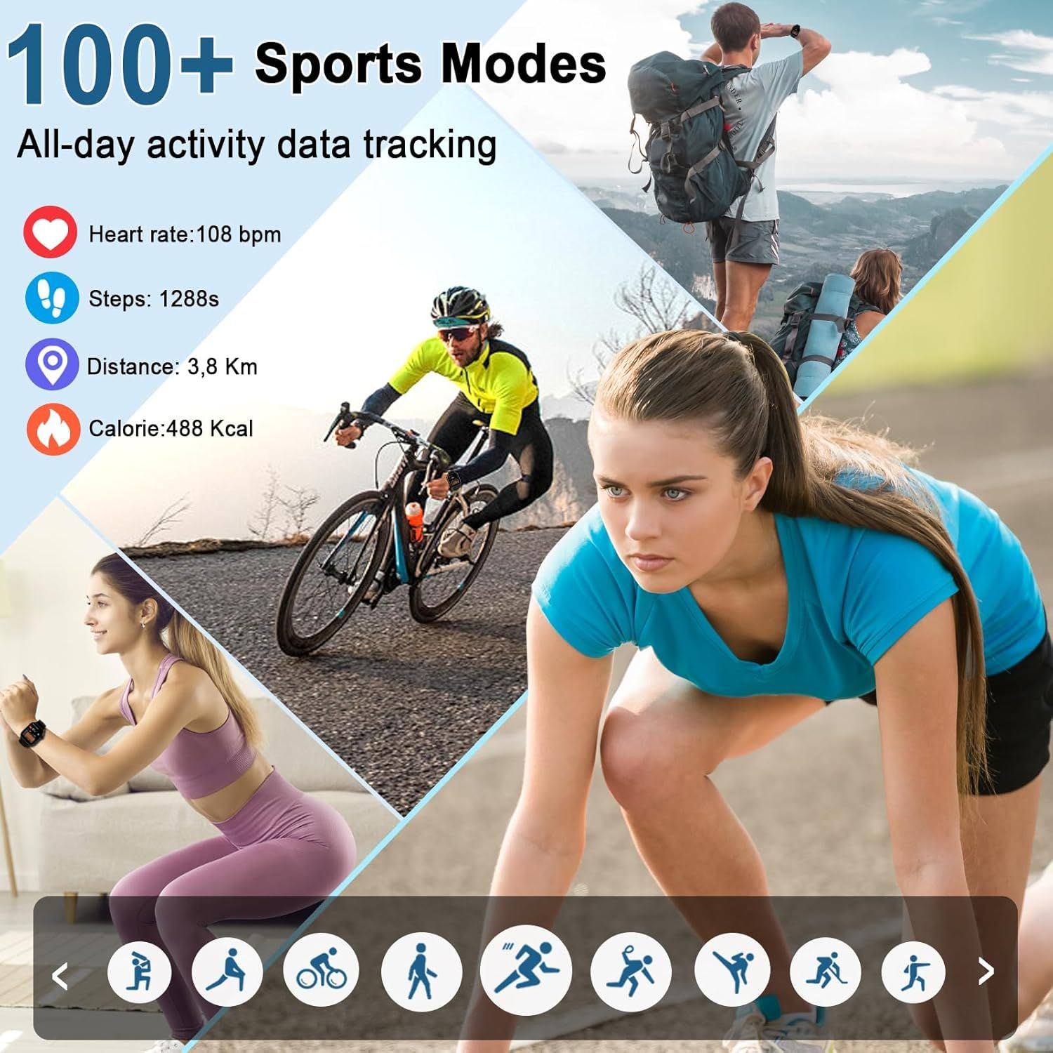 Demonstrates the product's versatility by showing it can be used across multiple sports and activities (hiking, cycling, running, fitness), reassuring shoppers that it's suitable for their diverse…