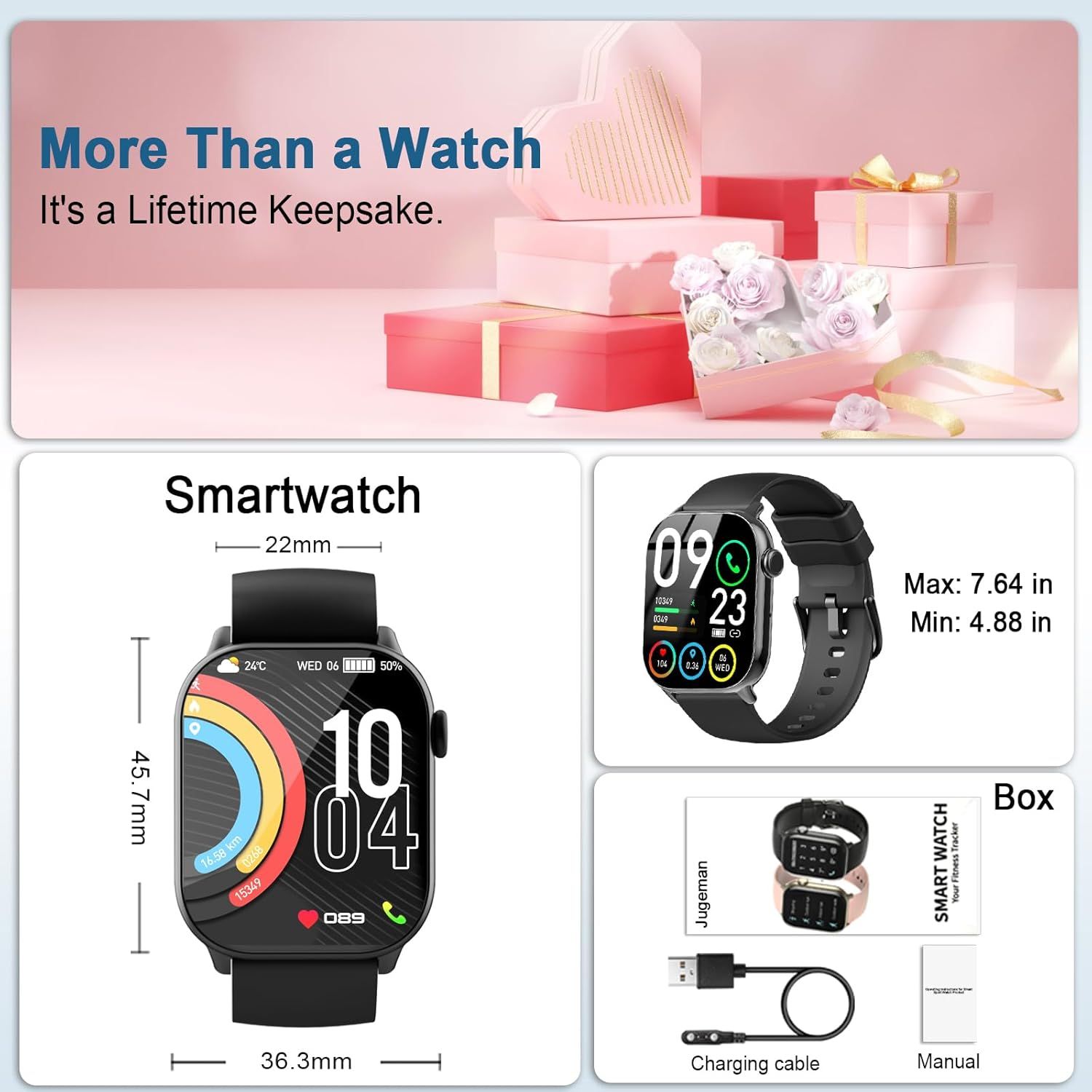Shows the customer everything included in the box when they purchase the smartwatch, including the watch, charging cable, and manual, to set clear expectations and demonstrate value. Provides exact…