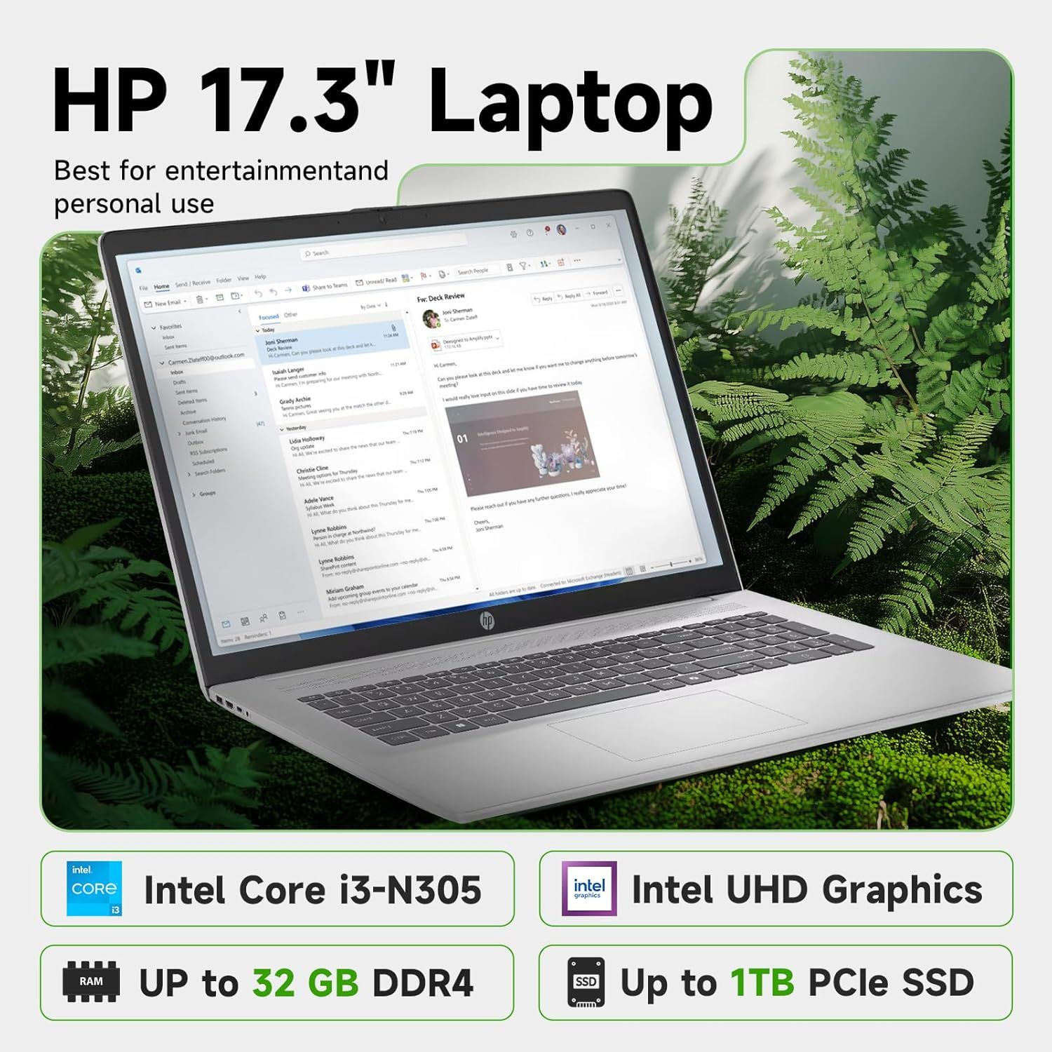 This image showcases multiple key technical specifications and features of the HP laptop in a segmented layout, helping shoppers quickly understand the processor, graphics, memory, storage capacity,…