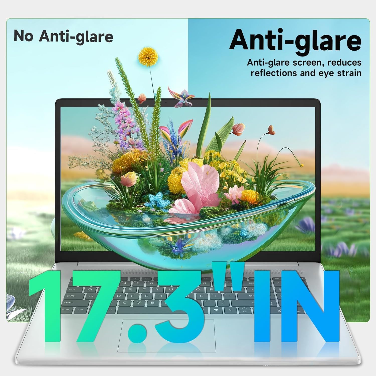 Demonstrates the visual difference between a standard screen (No Anti-glare) and the product's anti-glare screen, showing how the anti-glare feature reduces reflections and eye strain for a better…
