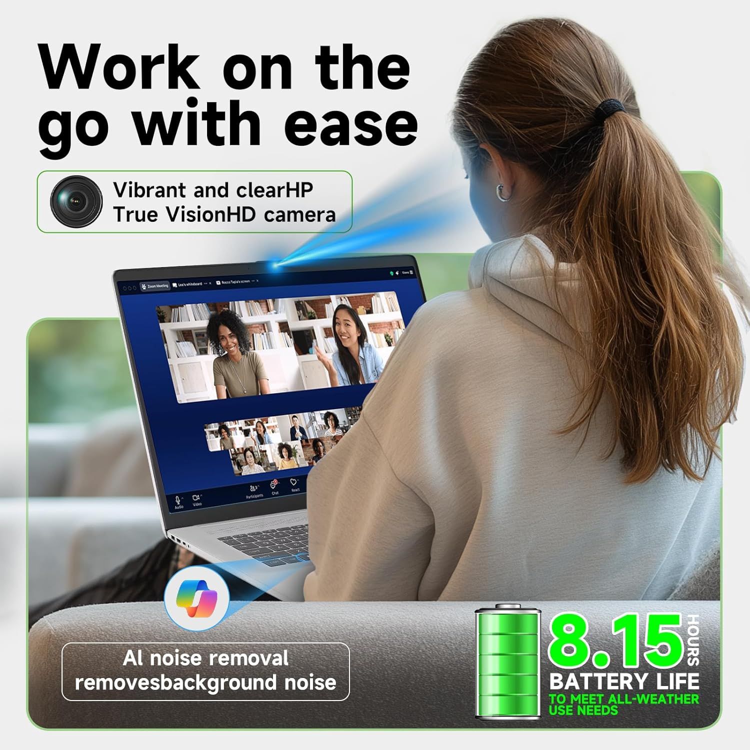 Communicates multiple key benefits of the laptop for remote work: high-quality video camera, AI noise removal for clear audio, and extended battery life for all-day productivity.