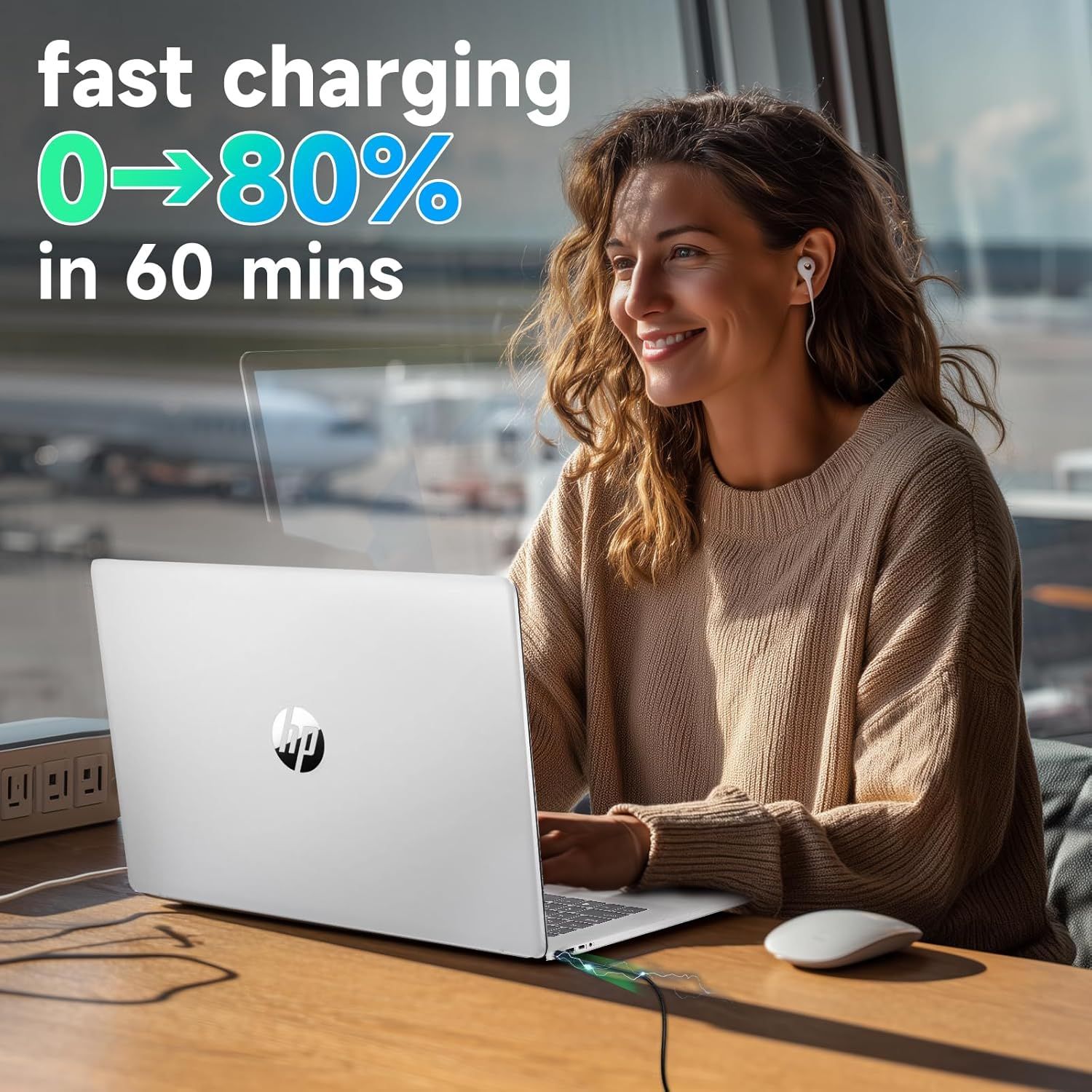 Communicates the product's fast charging capability by highlighting a specific performance metric (0 to 80% in 60 minutes) to reassure shoppers about quick battery recharge times. Demonstrates the…