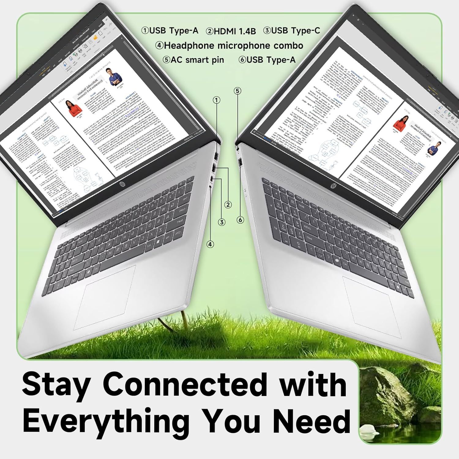This image identifies and labels the specific ports and connectivity options available on the laptop, helping shoppers understand what devices and peripherals they can connect. Communicates the…