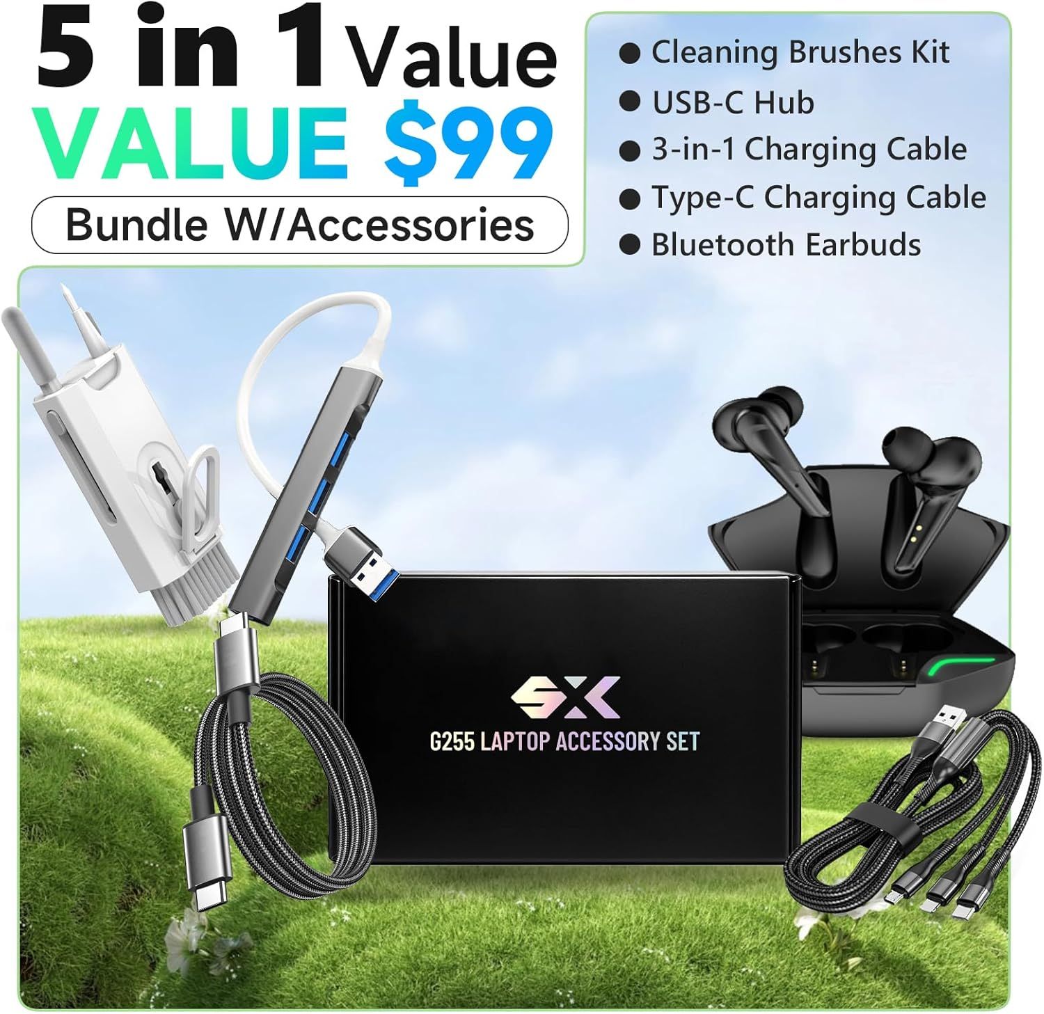Shows all the accessories and items included in the laptop accessory bundle to communicate the complete value package the customer receives. Highlights the bundle's value proposition by emphasizing…