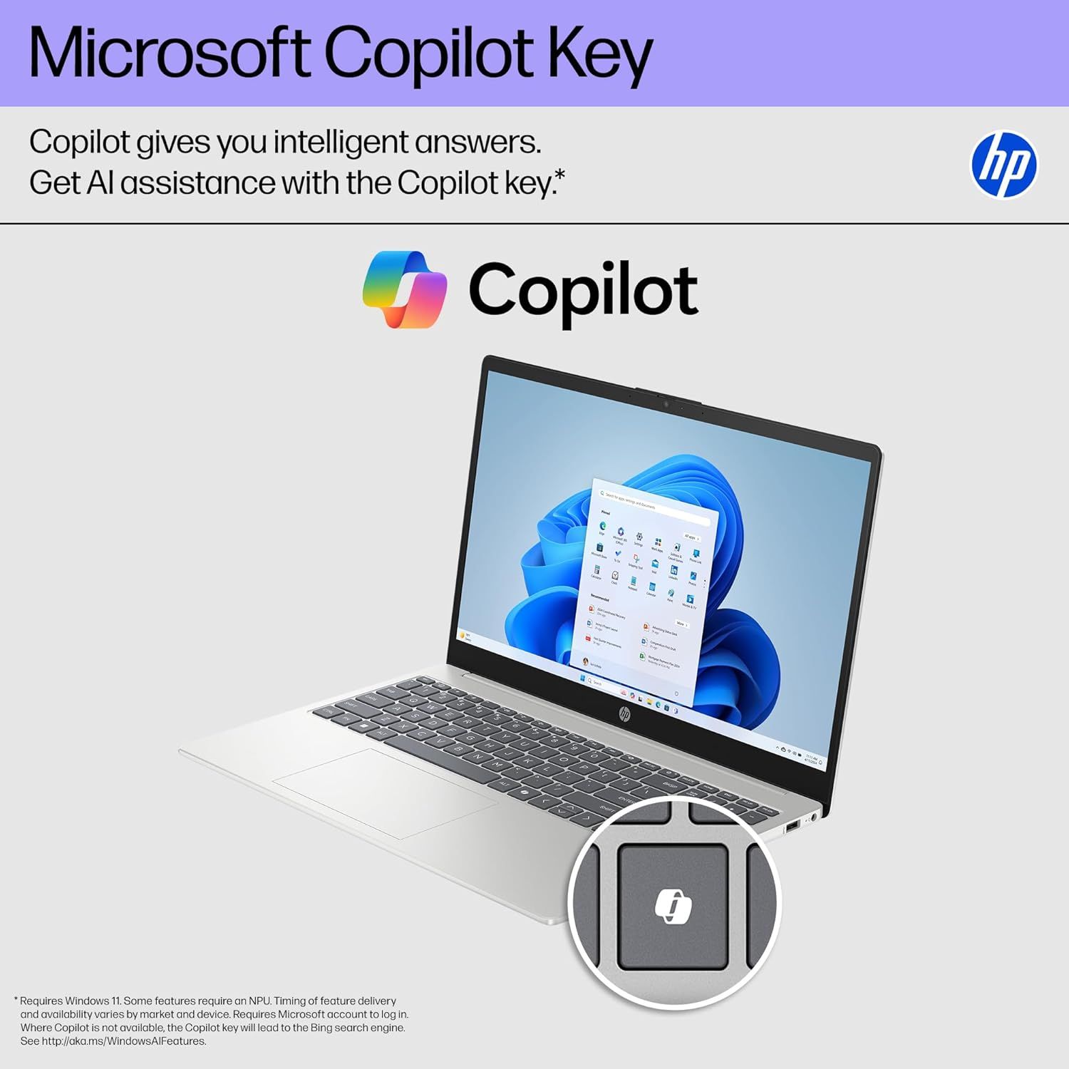 Highlights the physical location of the dedicated Copilot key on the HP laptop keyboard, showing shoppers where to find this AI assistance feature. Communicates the key benefit of having instant AI…